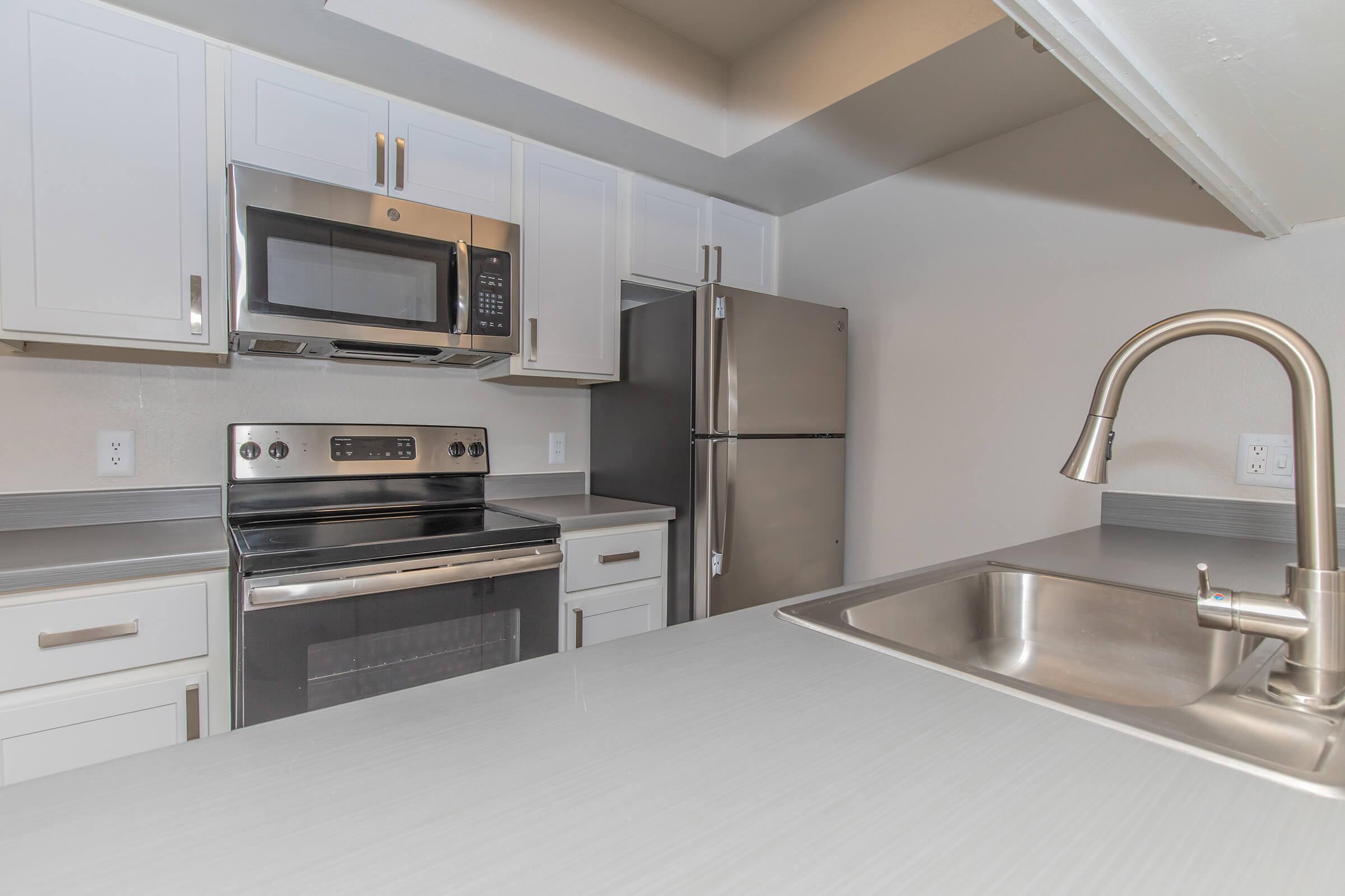 Close up view of modern kitchen with white cabinets and stainless steel appliances