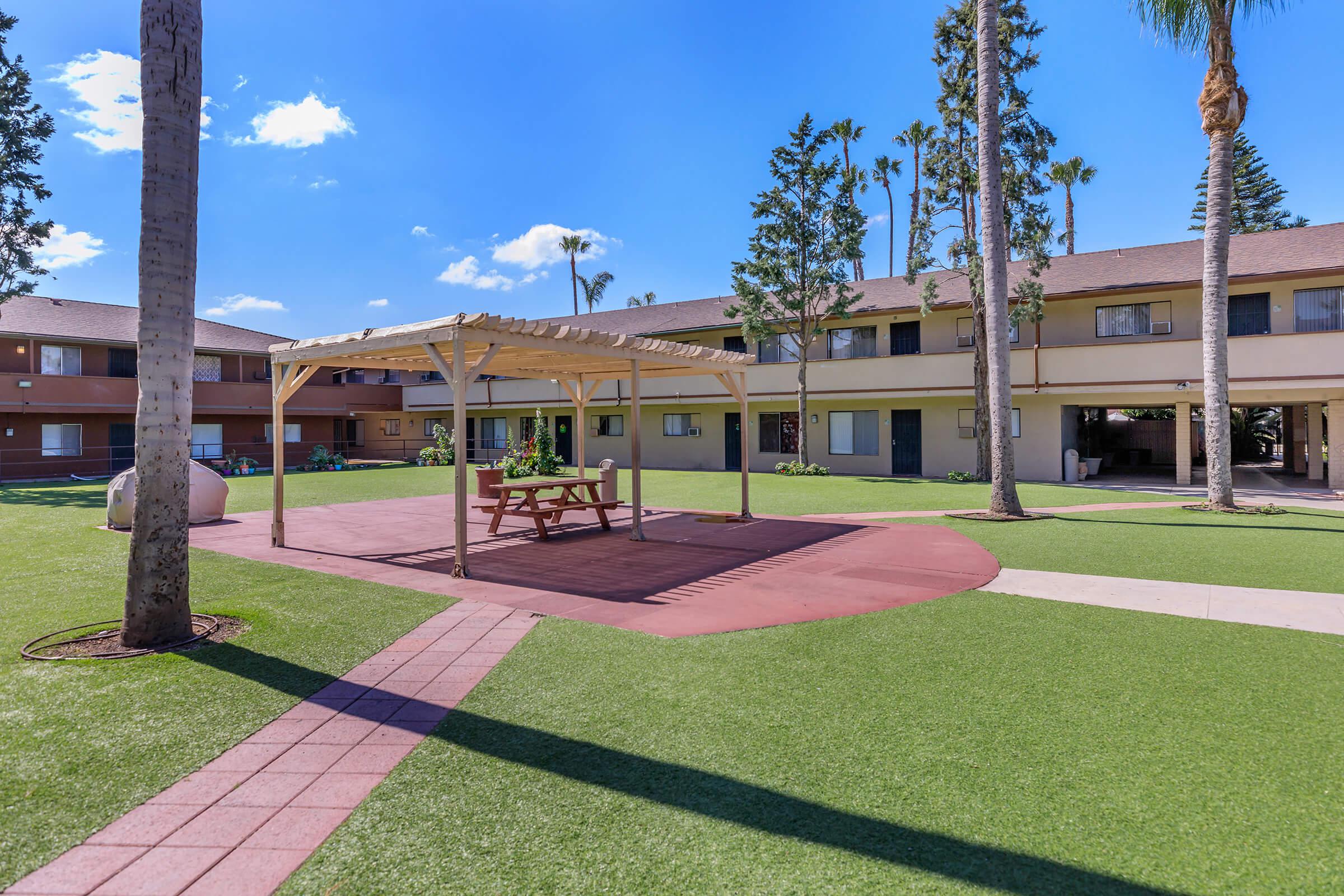 Waterstone Park Apartments courtyard with a pergola