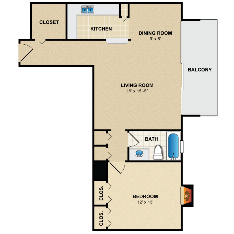 Floor plan image of 1 Bed 1 Bath A1
