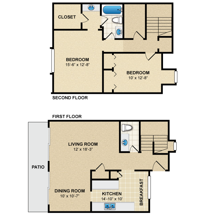 Floor plan image of 2 Bed 1.5 Bath Townhome B2