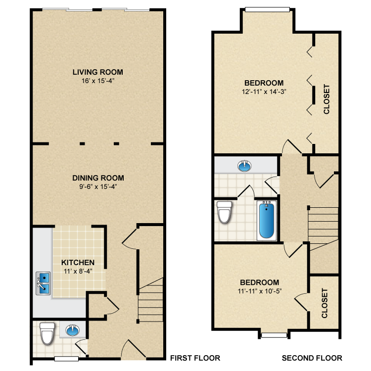 Floor plan image of 2 Bed 1.5 Bath Townhome B1