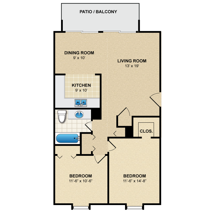 Floor plan image of 2 Bed 1 Bath B1