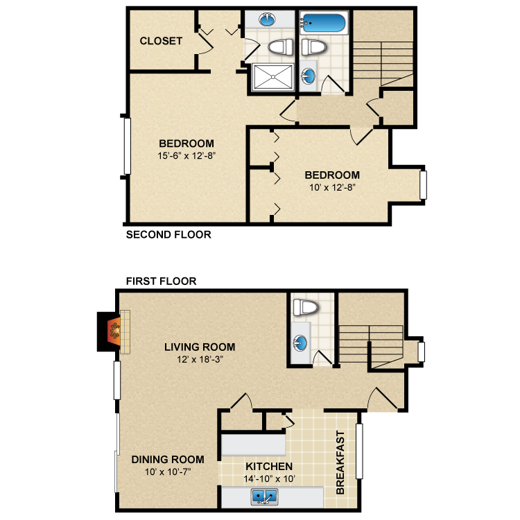Floor plan image of 2 Bed 2.5 Bath Townhome B3