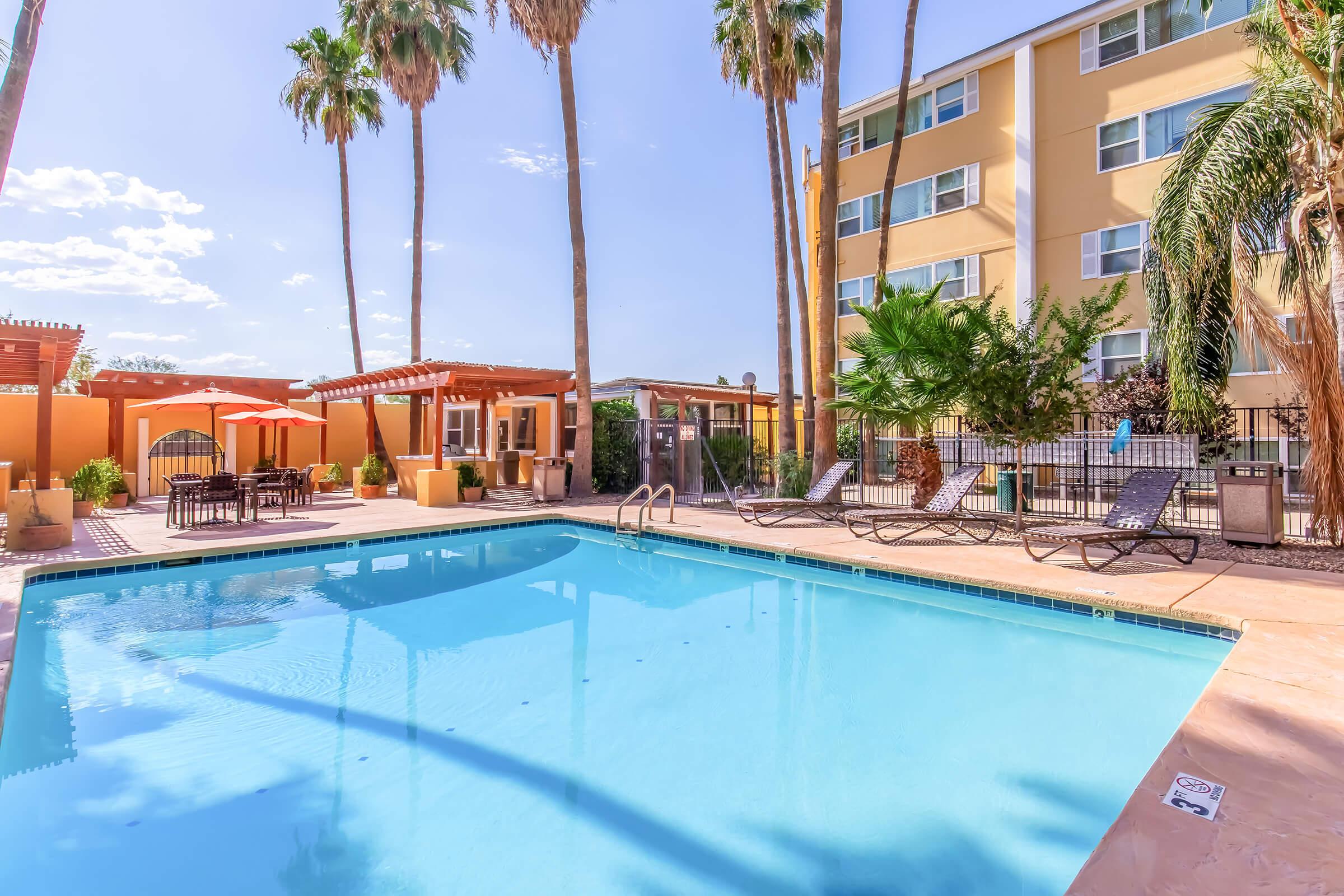A serene outdoor pool area surrounded by tall palm trees, with lounge chairs and a patio featuring tables and umbrellas. In the background, a multi-story building with a sunny sky above creates a relaxing atmosphere.