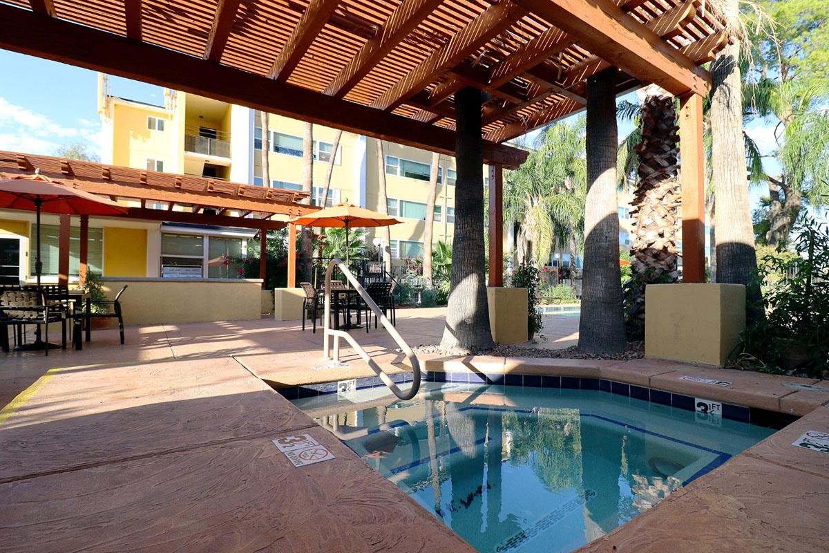 A tranquil outdoor area featuring a small hot tub surrounded by palm trees and shaded by a wooden pergola. Tables and chairs are set nearby for relaxation, with umbrellas providing shade. The setting is inviting and perfect for enjoying the warm weather.
