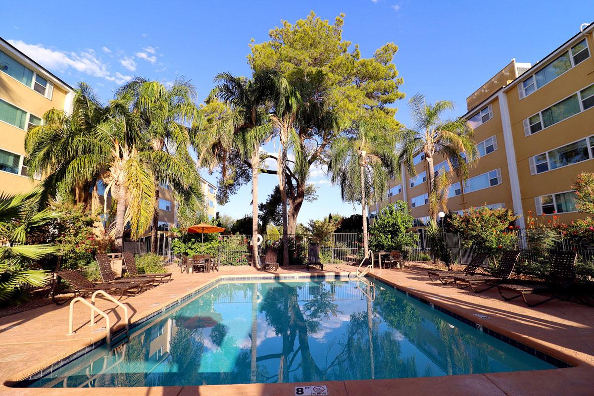 A sunny outdoor pool area surrounded by lush palm trees and colorful plants. Lounge chairs are positioned around the pool, and an umbrella provides shade. The background features a multistory apartment building with blue and yellow accents, under a clear blue sky.