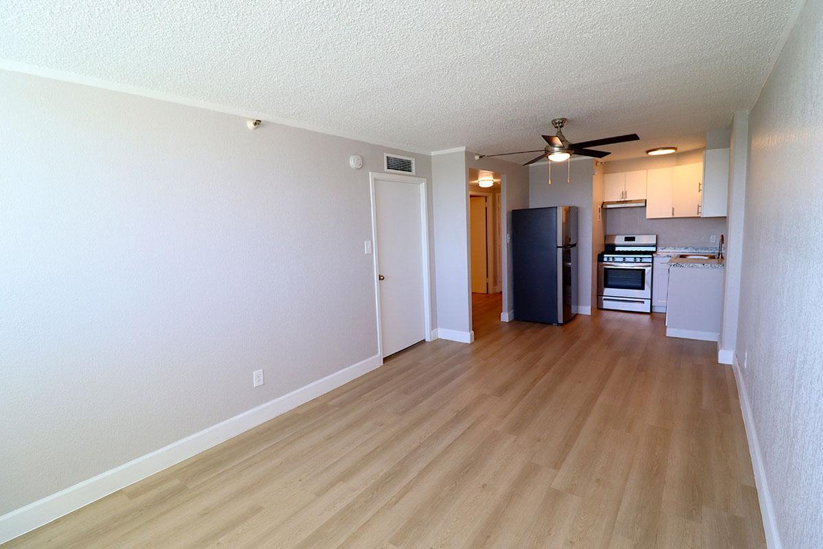 Bright, empty apartment interior featuring light-colored walls and laminate flooring. The kitchen is visible in the background, equipped with a refrigerator, stove, and cabinets. A ceiling fan is installed, and there is a door leading to another room. Natural light enhances the open space.