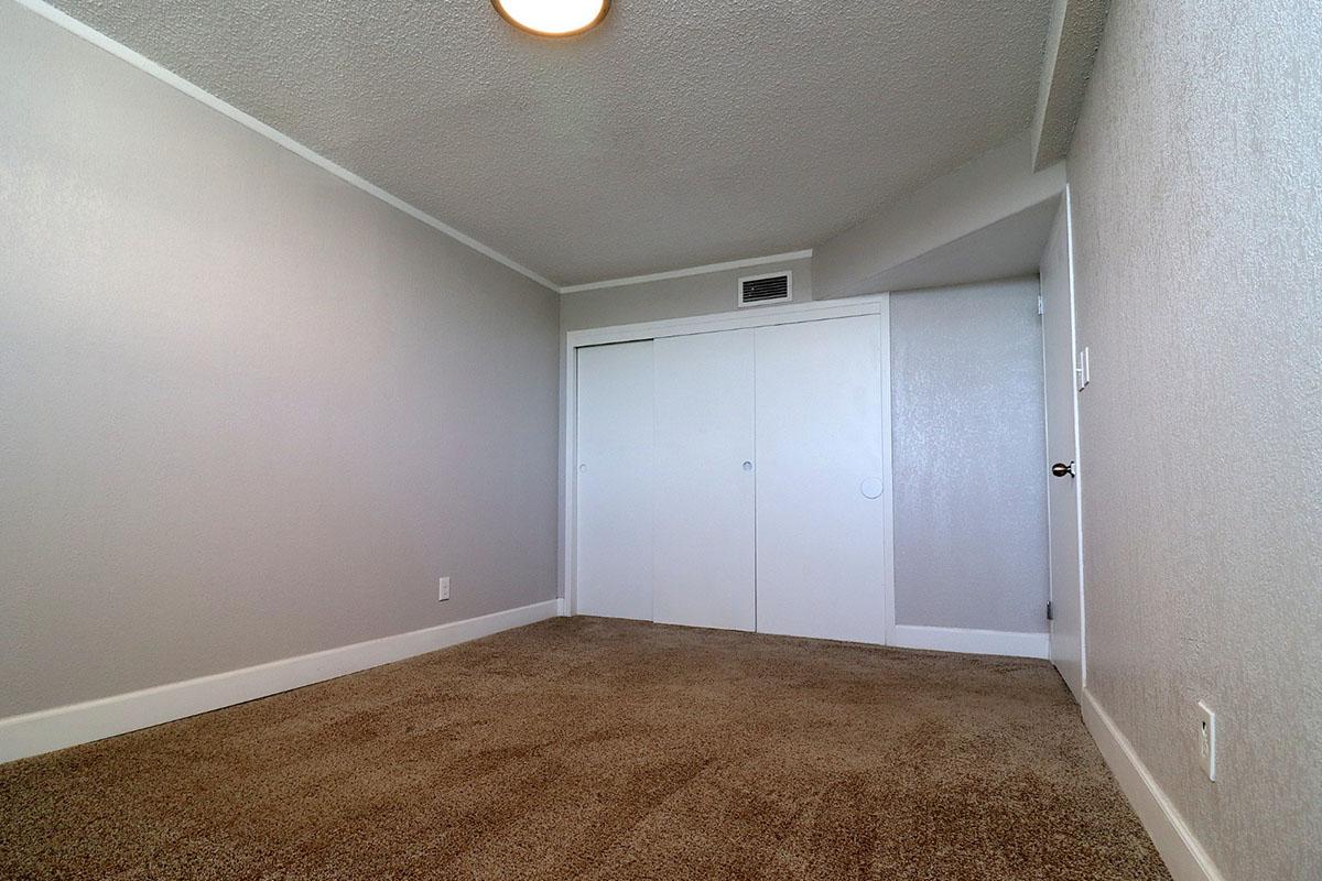 A spacious and empty room with light gray walls and a beige carpet. The ceiling is slightly textured, and there is a ceiling light fixture. A closet with double doors is visible on the left side, and there is a door leading to another area on the right side. The overall atmosphere is clean and modern.
