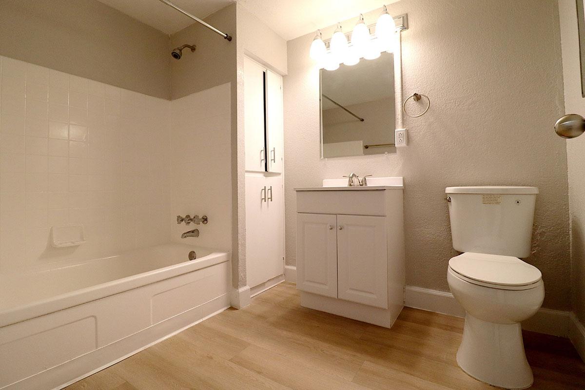 A clean and modern bathroom featuring a bathtub with a showerhead, a compact vanity with a sink and mirror, a toilet, and light fixtures. The walls are painted in neutral colors, and the flooring is wooden. Overall, the space is bright and well-organized.