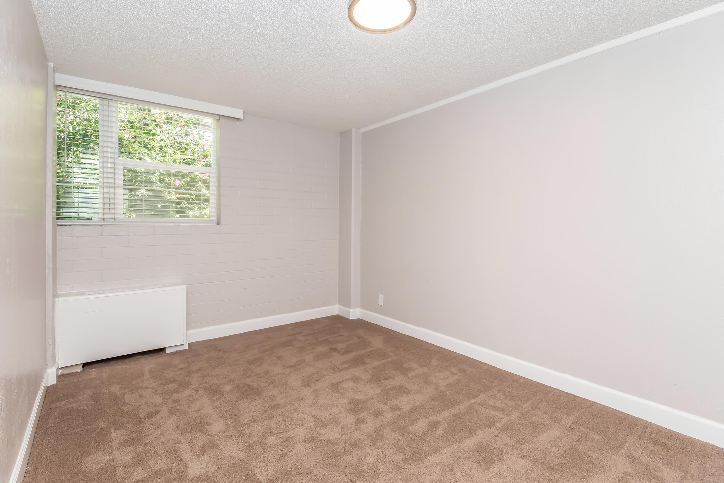 An empty, well-lit room with light gray walls and a beige carpet. A small window with blinds allows natural light in, and there is a white baseboard heater on one wall. The space is clean and minimalist with no furniture, providing a blank canvas for decoration.