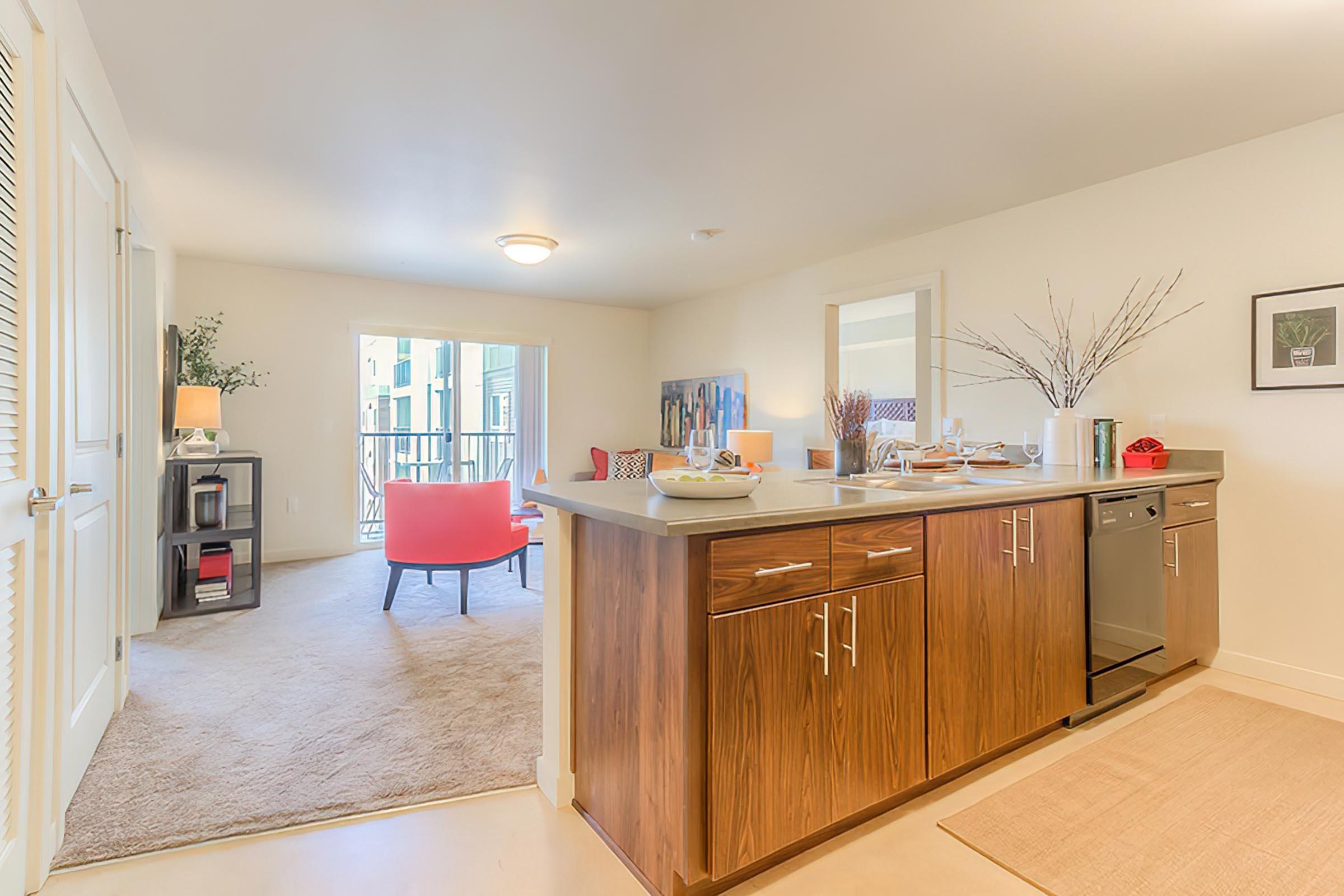 a kitchen with a wood floor