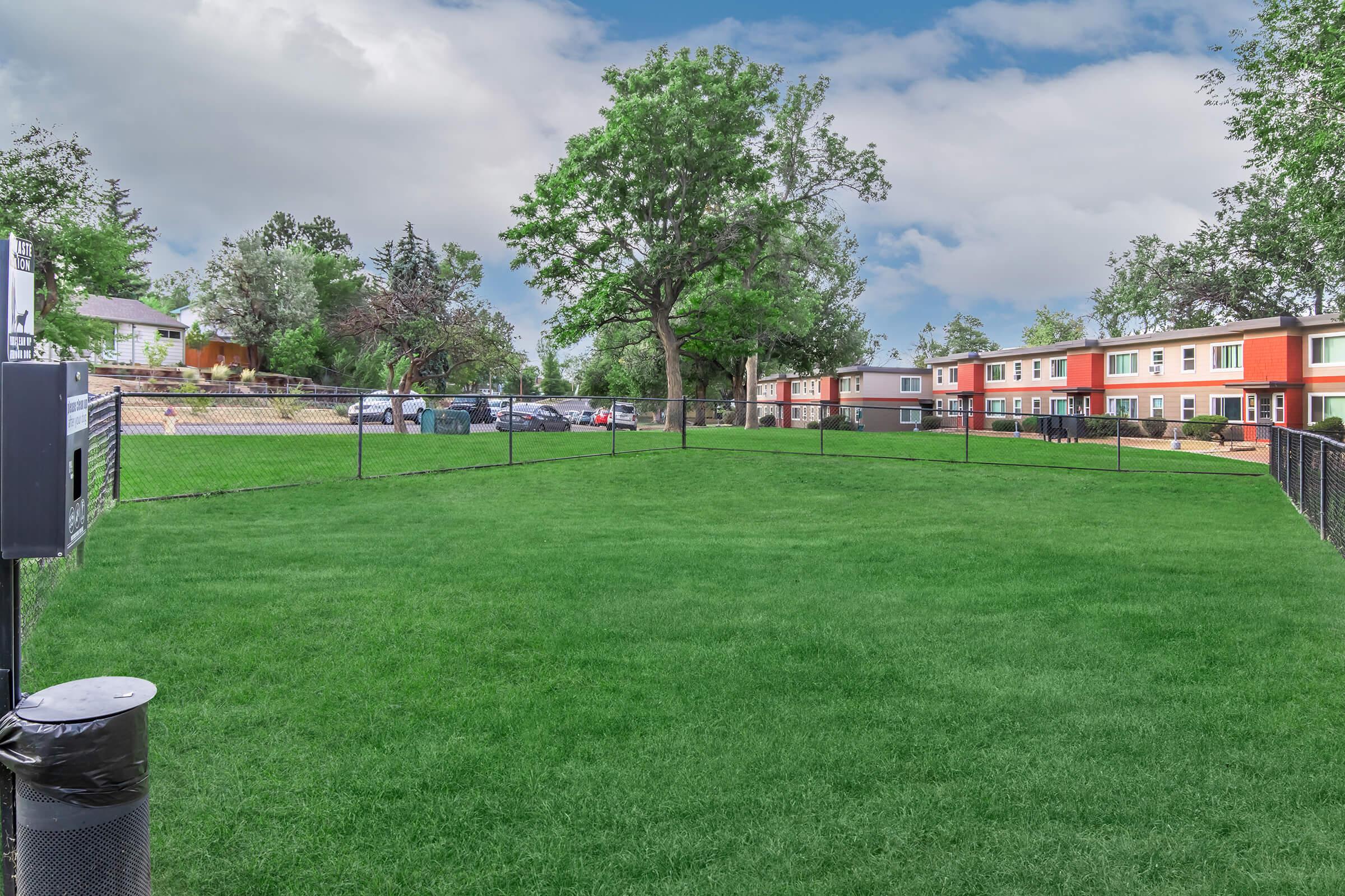 A green, grassy area enclosed by a chain-link fence, with trees in the background. In the distance, several buildings are visible, and cars are parked nearby. The sky is partly cloudy, creating a bright, open atmosphere.