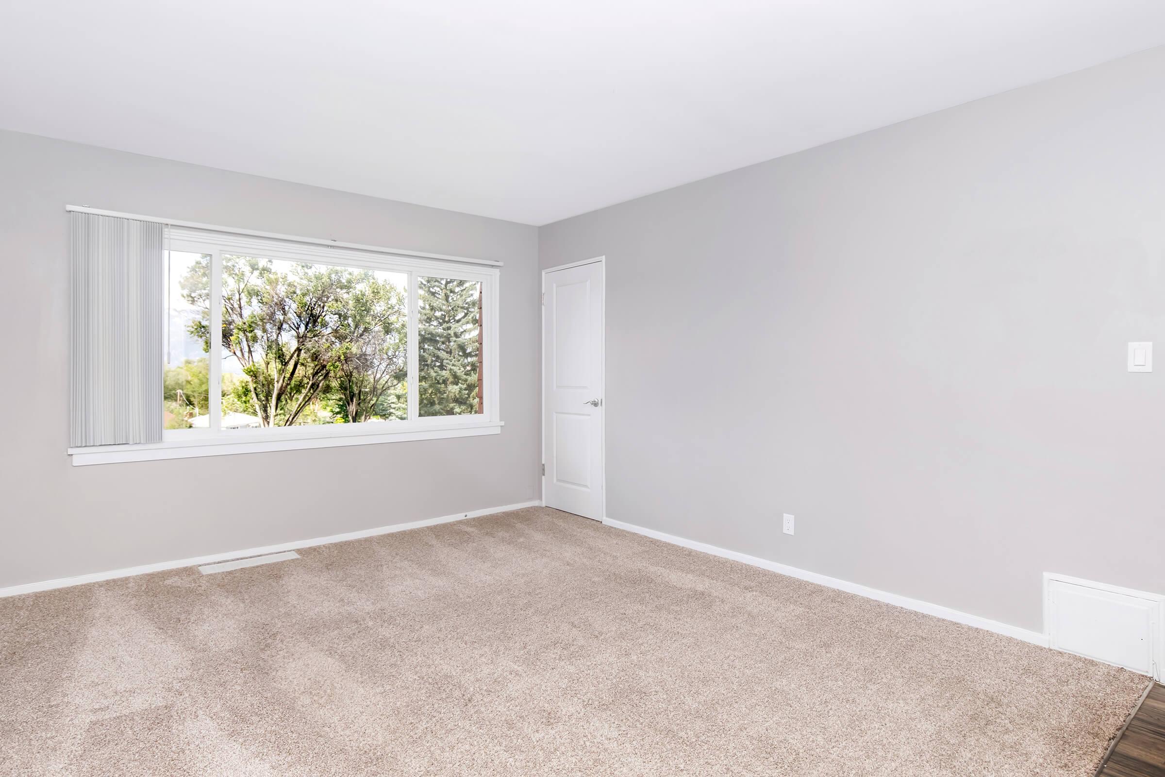 A spacious, empty room with light gray walls and beige carpet. A large window lets in natural light, offering a view of greenery outside. There is a door on the right side and a small white panel on the floor, indicating a simple, modern design suitable for various uses.