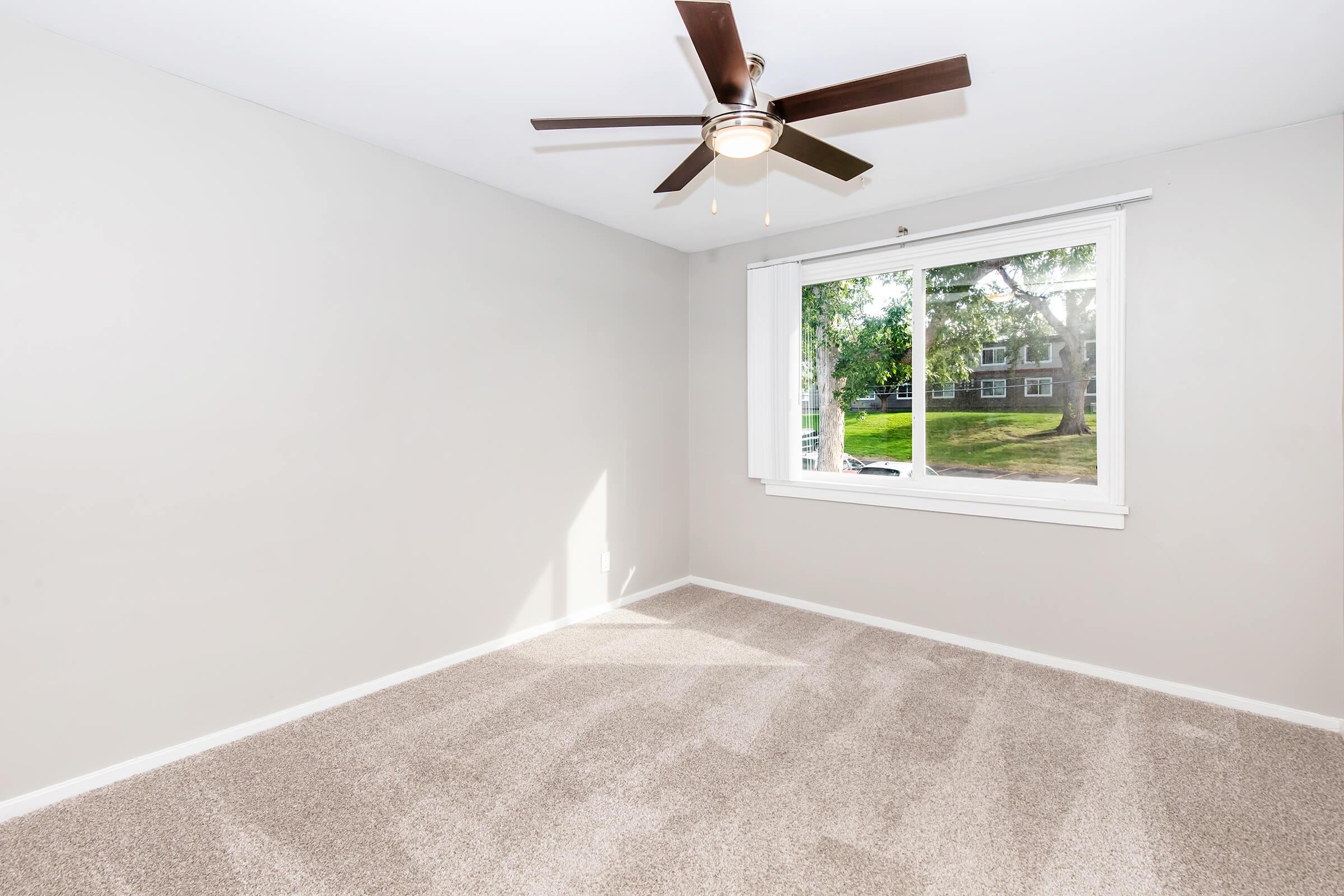 A clean, empty bedroom with light gray walls and a ceiling fan. There is a large window letting in natural light, revealing a view of green grass and trees outside. The floor is covered with light beige carpet, creating a cozy and inviting atmosphere.