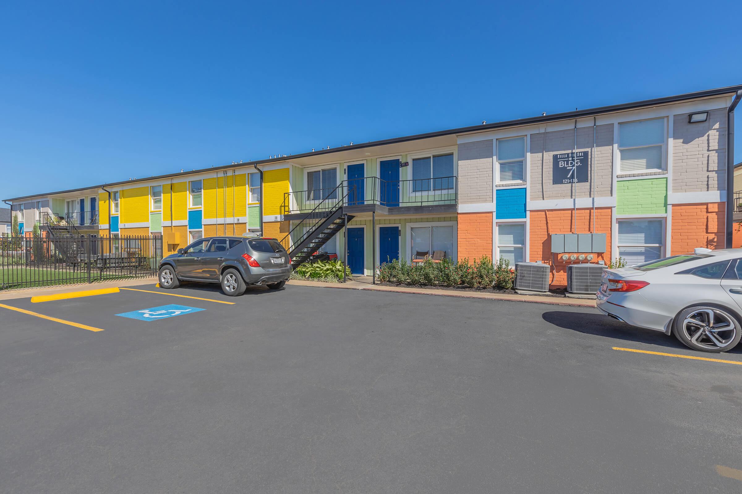 a parking lot in front of a building