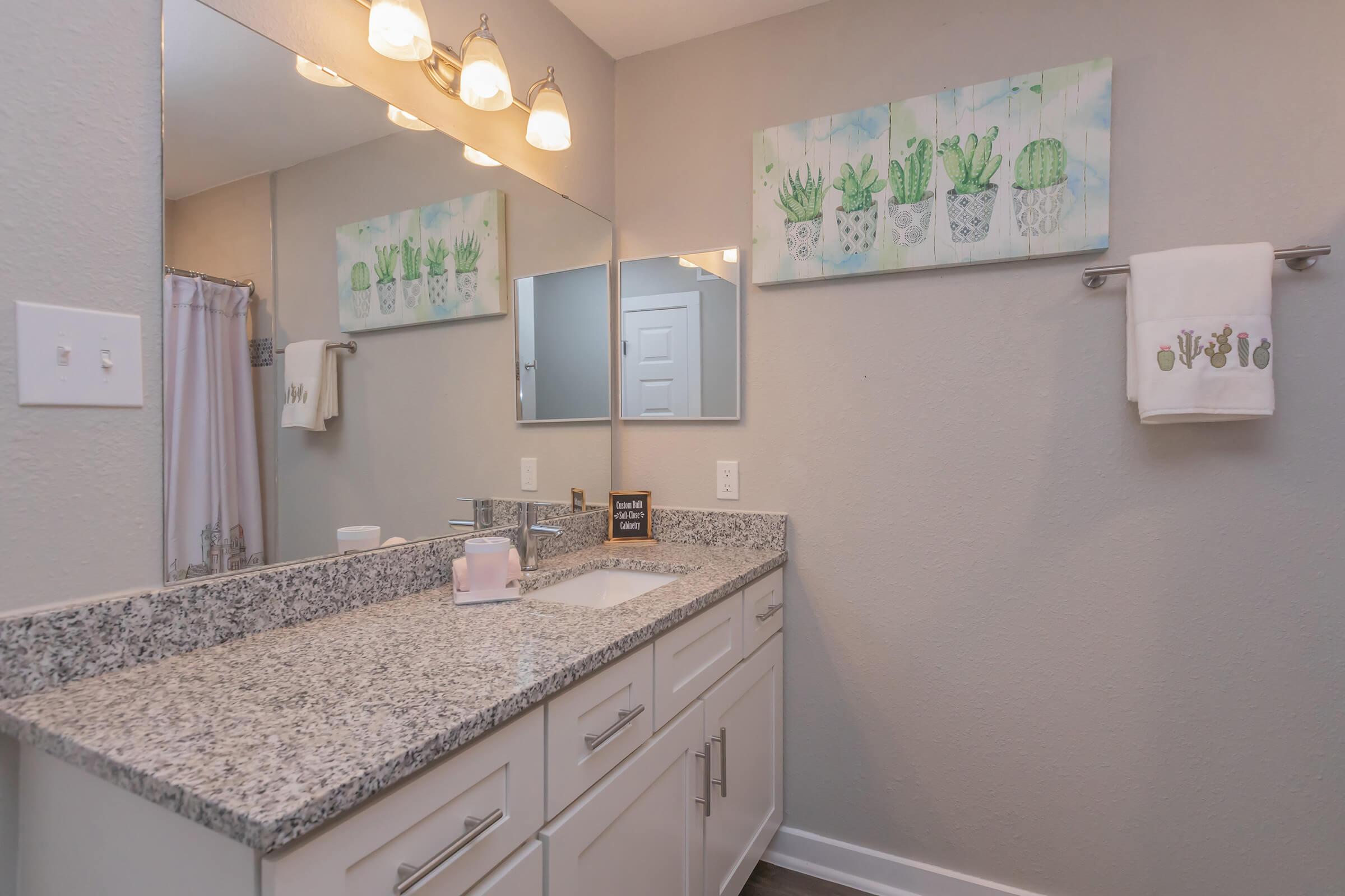 a kitchen with a sink and a mirror