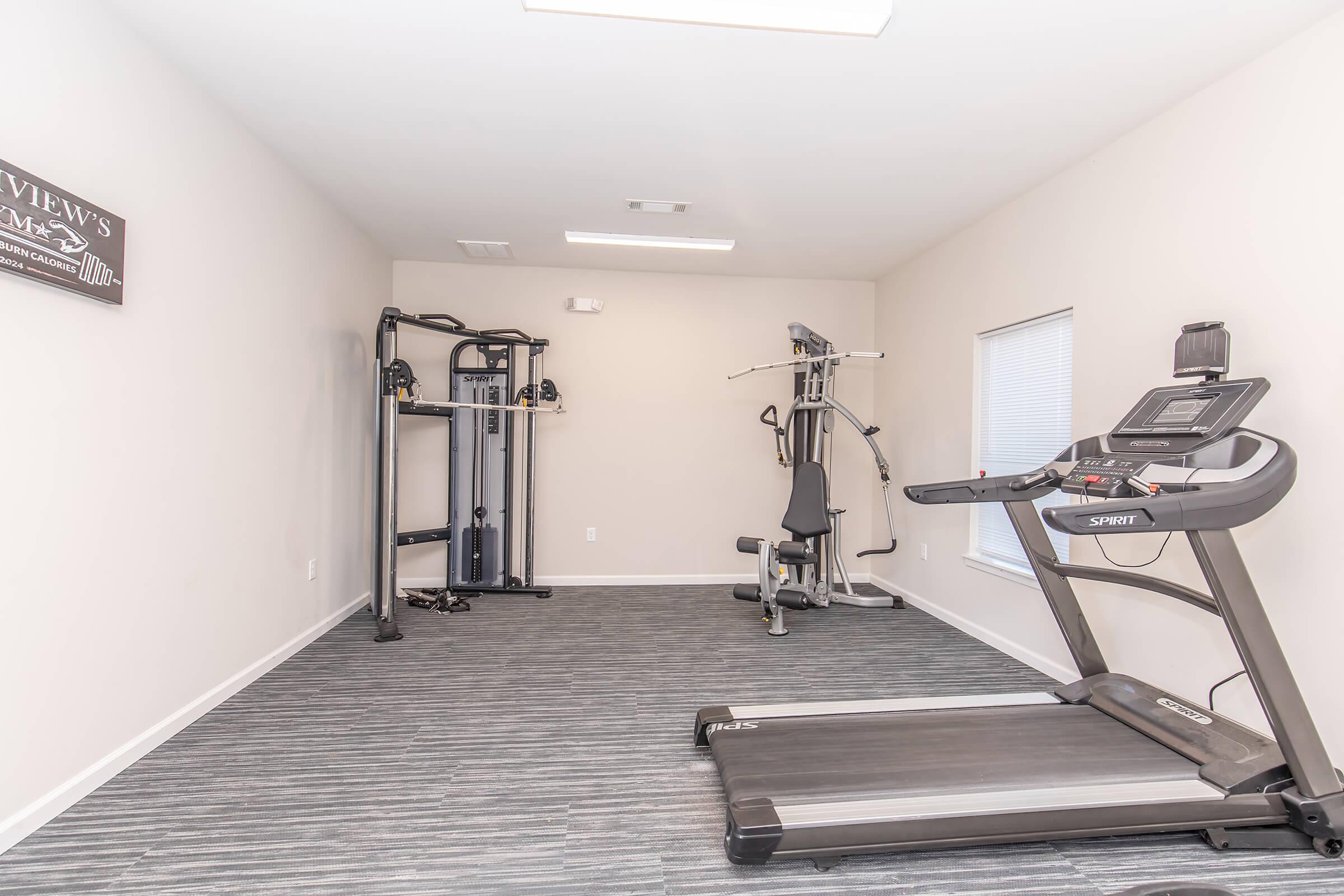 A spacious, well-lit home gym featuring a treadmill, multi-station weight machine, and a stationary exercise bike. The room has light-colored walls and a textured gray floor, creating a modern and inviting workout environment. Bright overhead lighting enhances the visibility of the equipment.