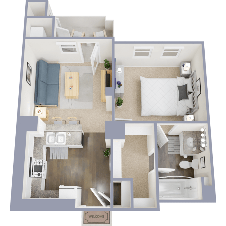 Plan A, a 1 bedroom 1 bathroom floor plan.