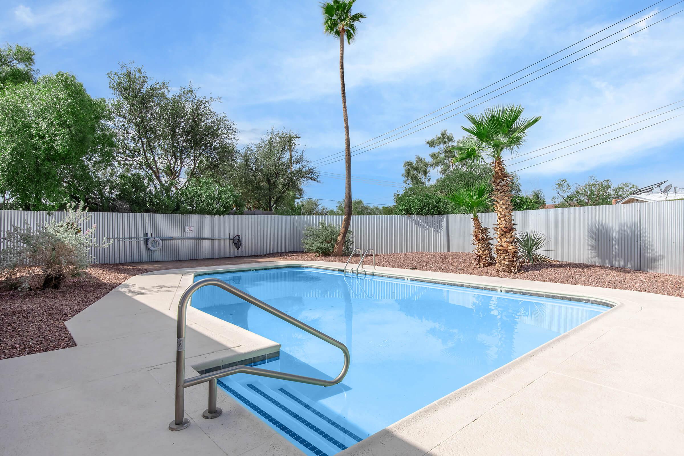 A clear swimming pool surrounded by a landscaped area with various trees and shrubs. The pool has a ladder for entry and is enclosed by a grey fence. In the background, there are power lines and a blue sky with some clouds. The setting appears tranquil and inviting.