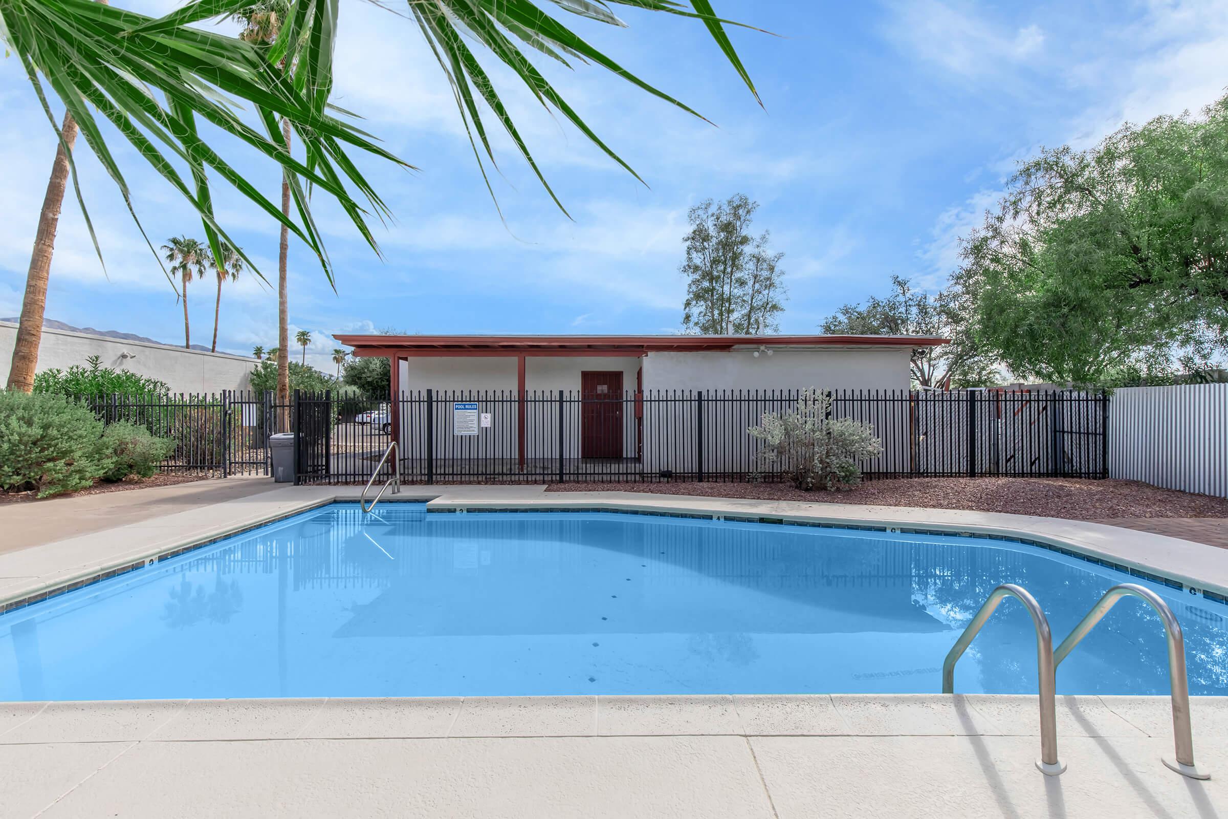 A sparkling blue swimming pool surrounded by landscaped greenery and palm trees. In the background, there is a fenced area with a building, providing a serene atmosphere for relaxation. The sky is clear with a few clouds, creating a tranquil outdoor setting.