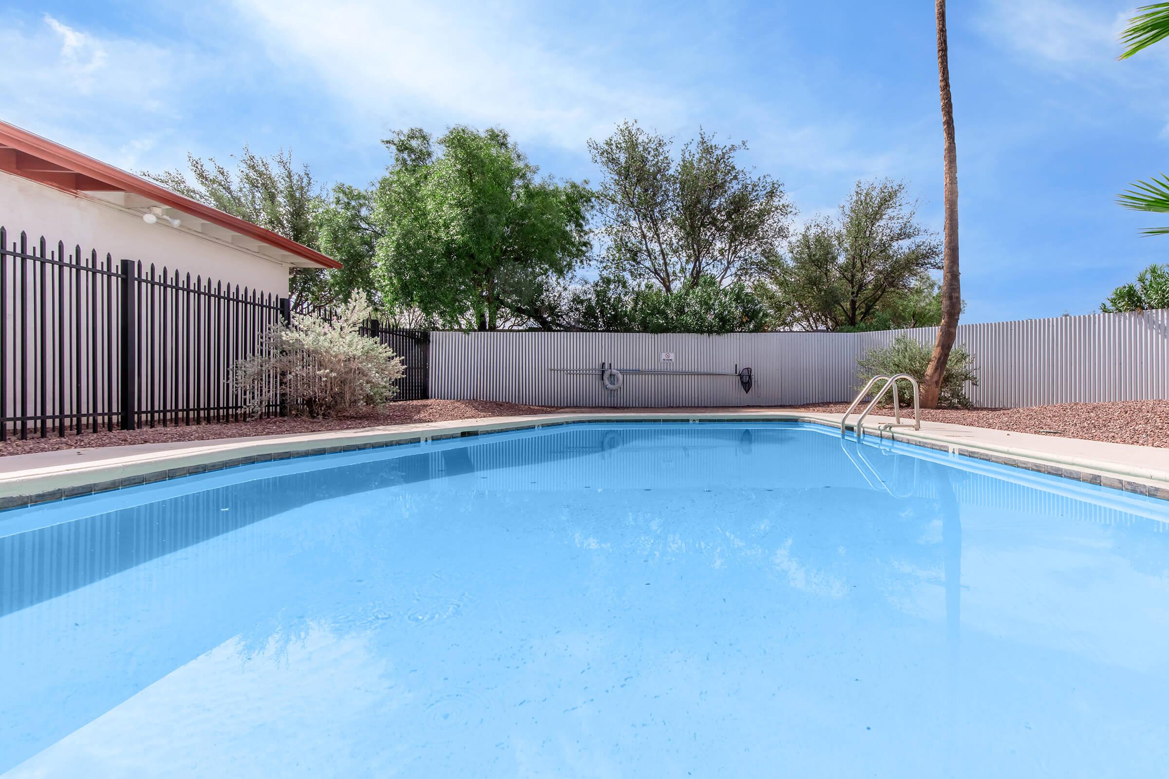 A clear swimming pool surrounded by a fenced area, with lush green trees in the background and a blue sky overhead. The pool features a ladder for entry and landscaped elements around the edges.