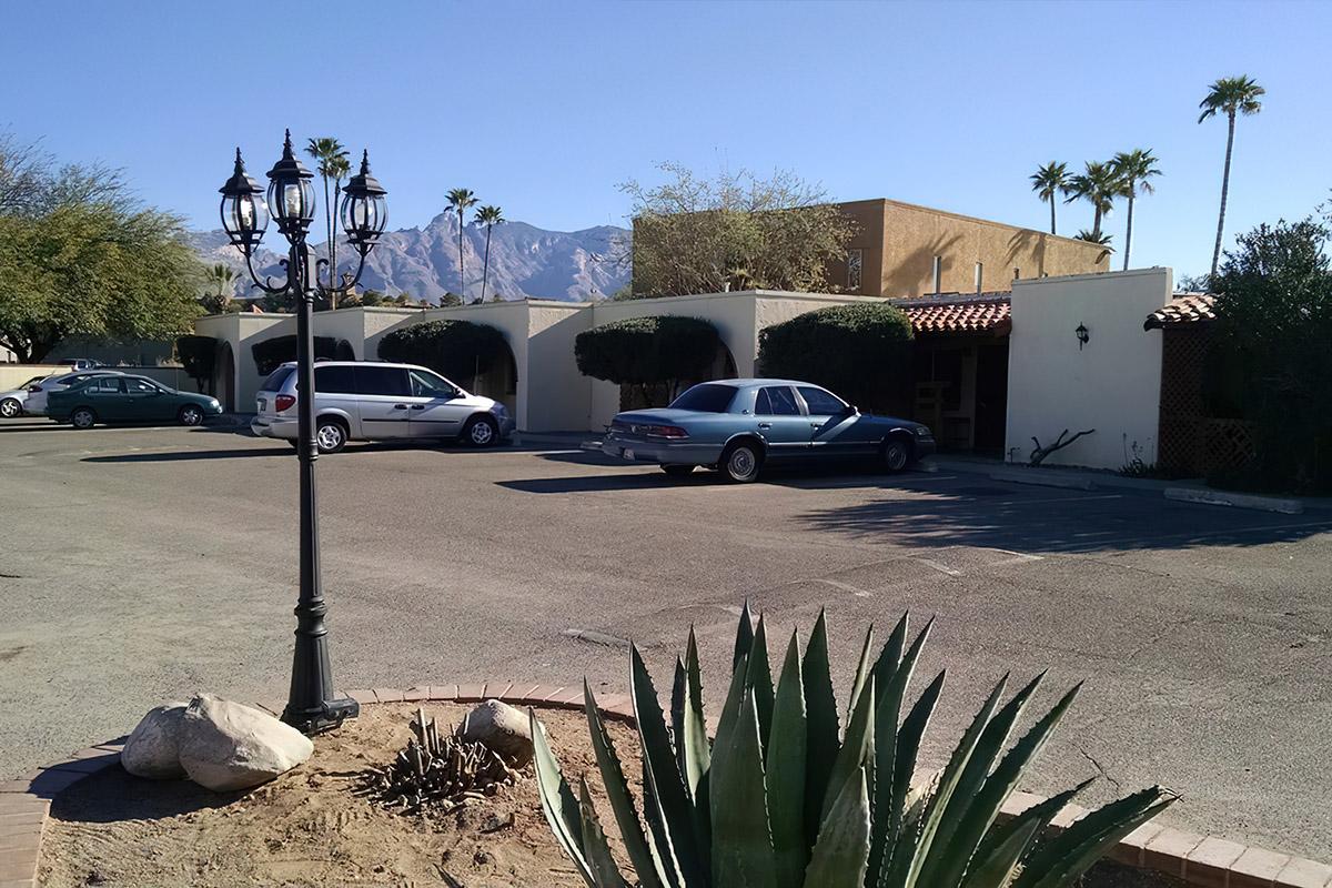A sunny parking lot with several parked cars, including a blue sedan and a minivan. Palms and desert plants line the area, with a decorative lamp post in the foreground. In the background, there are low buildings and mountains visible against a clear blue sky.
