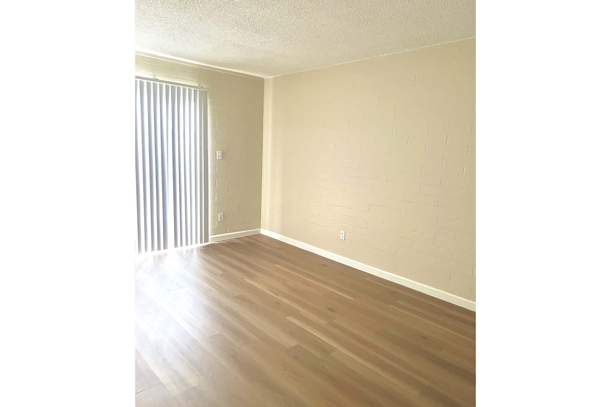 Empty room with light-colored walls and wooden flooring. One wall features vertical blinds leading to an outside space. The opposite wall is bare with no furniture or decorations, creating a spacious and minimalistic atmosphere. Natural light brightens the area.