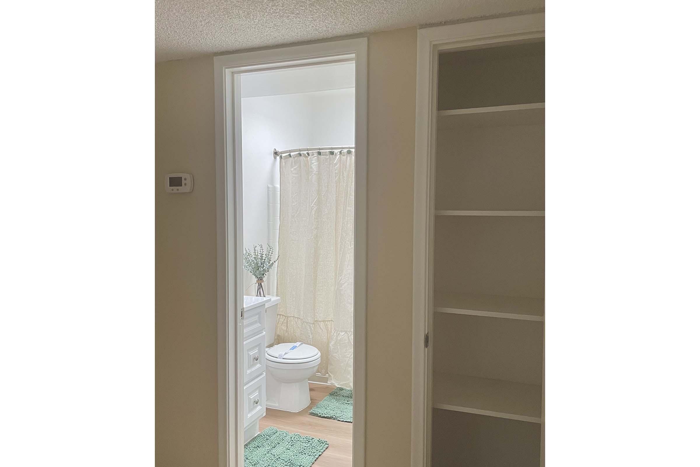 View of a bathroom from a hallway, featuring a white toilet, a shower with a light curtain, and a small vanity. The floor is covered with green mats, and a bare shelf is visible in the adjacent closet. The space is well-lit and clean, with light-colored walls and wooden flooring.