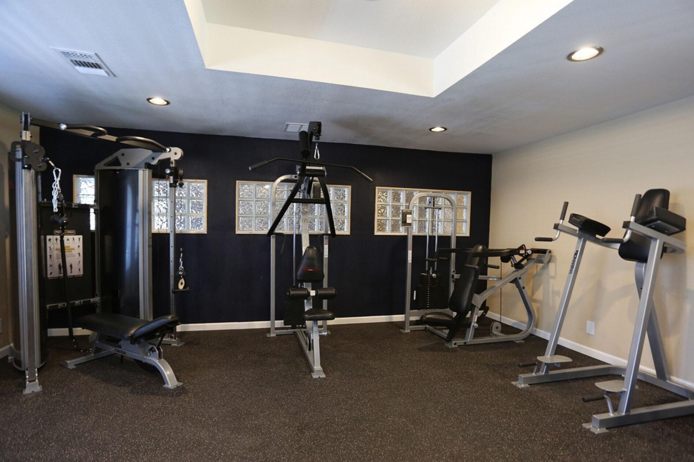 A small home gym featuring various exercise equipment, including a multi-station strength machine, a treadmill, and an upright bike. The walls are painted dark, and there are large windows with decorative glass blocks allowing natural light into the space. The flooring is covered in dark rubber matting.