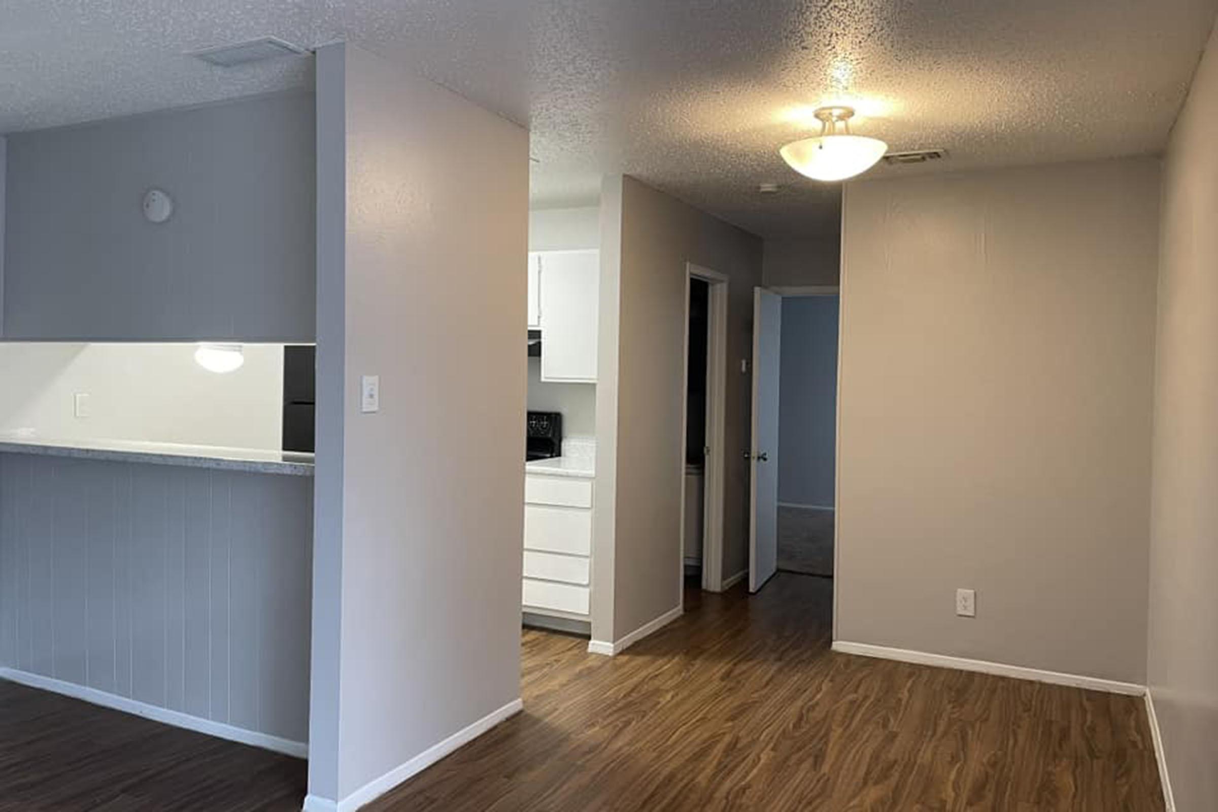 Interior view of a modern apartment, featuring a light-colored wall, wooden flooring, and a kitchen area in the background. The space is well-lit with a ceiling light, showcasing a transitional layout with a doorway leading to another room. The kitchen has white cabinetry and a countertop.