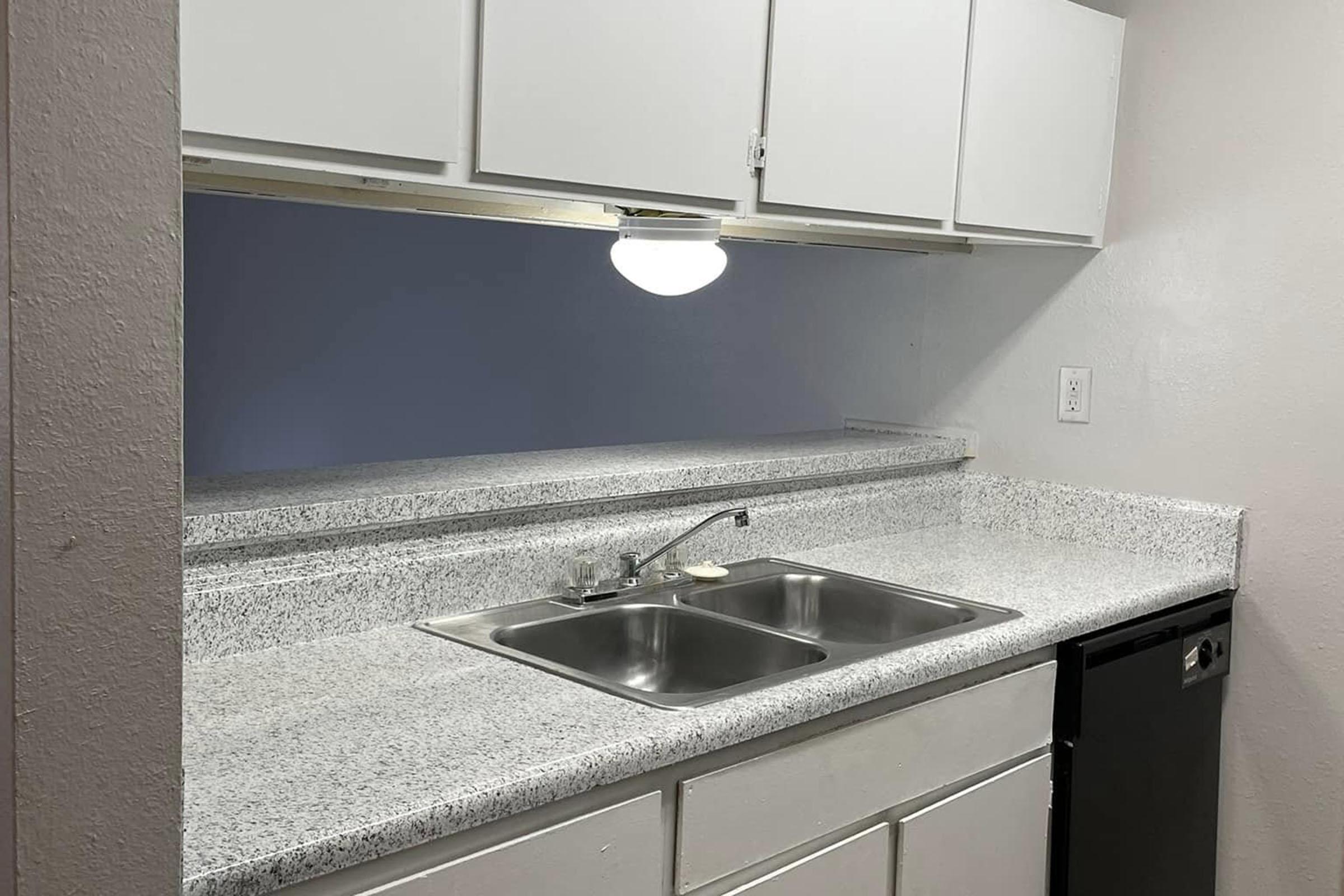 A clean kitchen with a granite countertop featuring a double sink, white cabinets above, and a black dishwasher. There is a round ceiling light providing illumination, and a light blue wall in the background. The overall aesthetic is simple and functional.