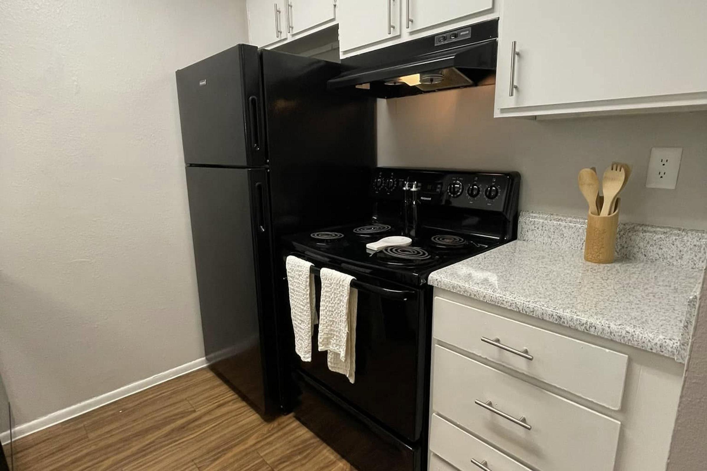 A modern kitchen featuring a black refrigerator and stove with four burners. There is a white dish towel hanging from the stove. To the right, a light-colored countertop with a small container holding wooden utensils is visible. The kitchen has light-colored cabinets and a wood-like floor.