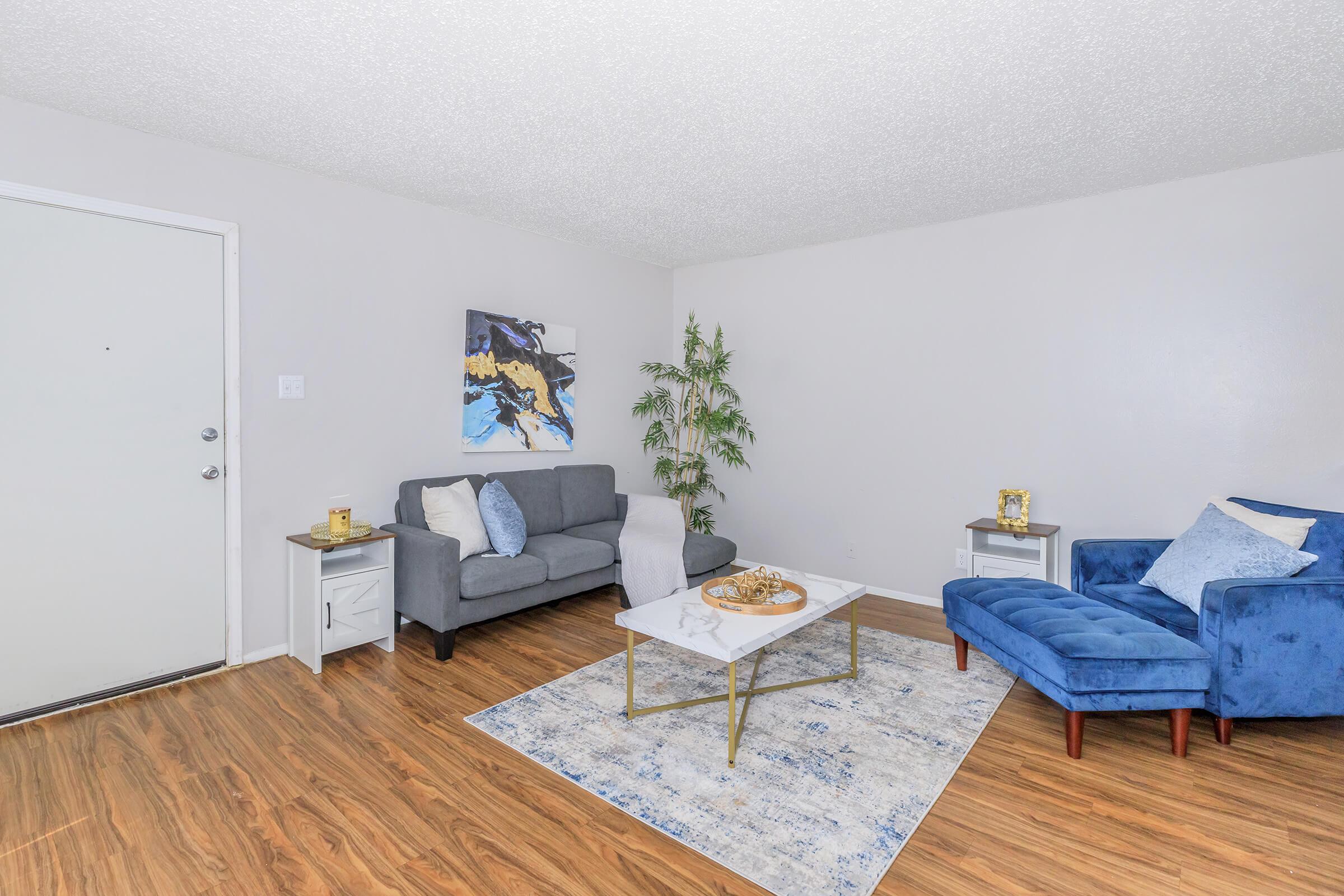 A cozy living room featuring a gray sofa and a blue chair, both arranged around a white coffee table on a geometric patterned area rug. A plant adds a touch of greenery, and a piece of abstract wall art is displayed. The walls are painted light gray, and wood laminate flooring is visible.