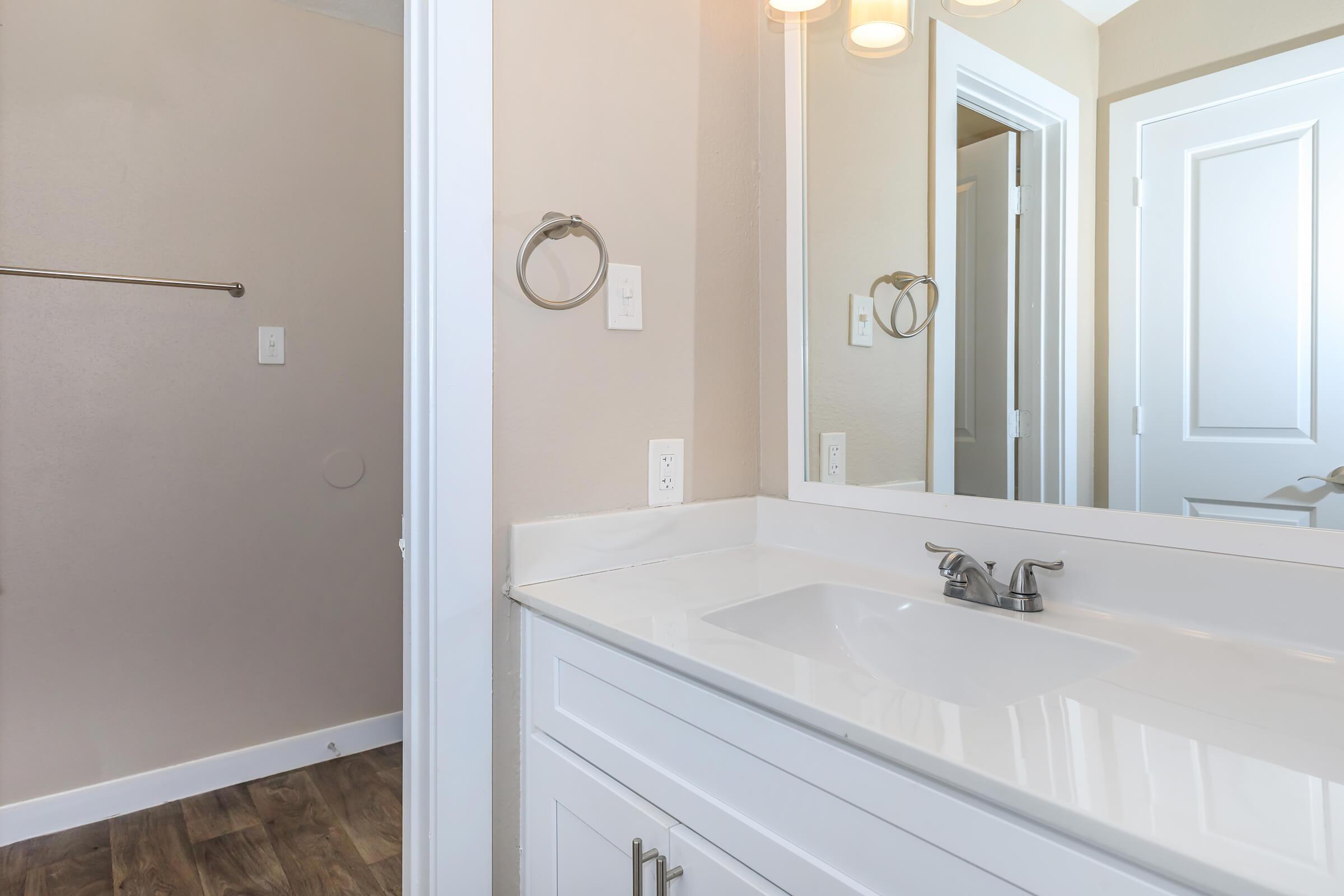 a double sink and large mirror