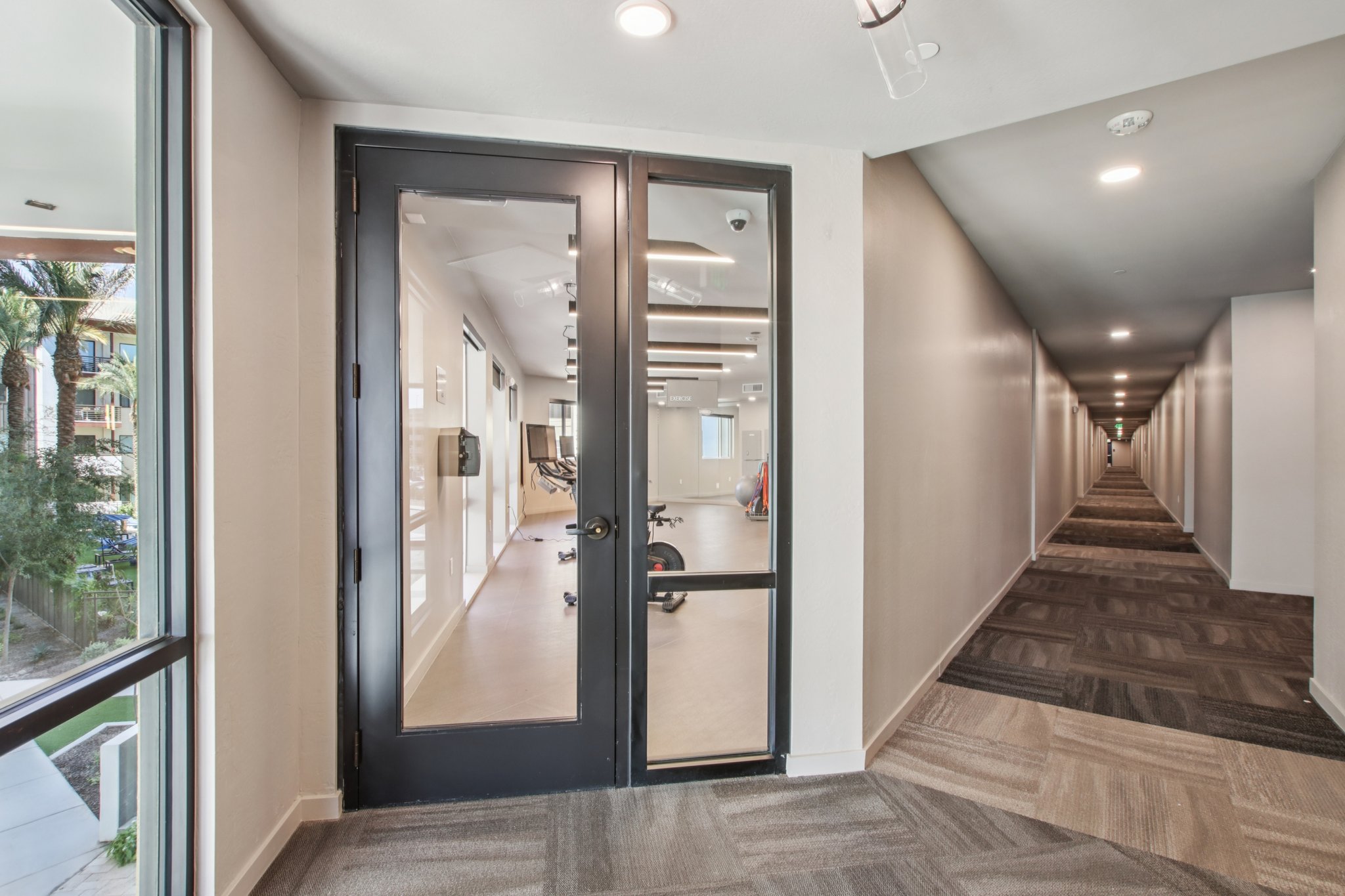 A view of a hallway leading to a fitness center entrance with glass doors. The hallway features modern flooring and lighting, with a well-lit, inviting atmosphere. On the left side, palm trees are visible through the glass doors, adding greenery to the scene.