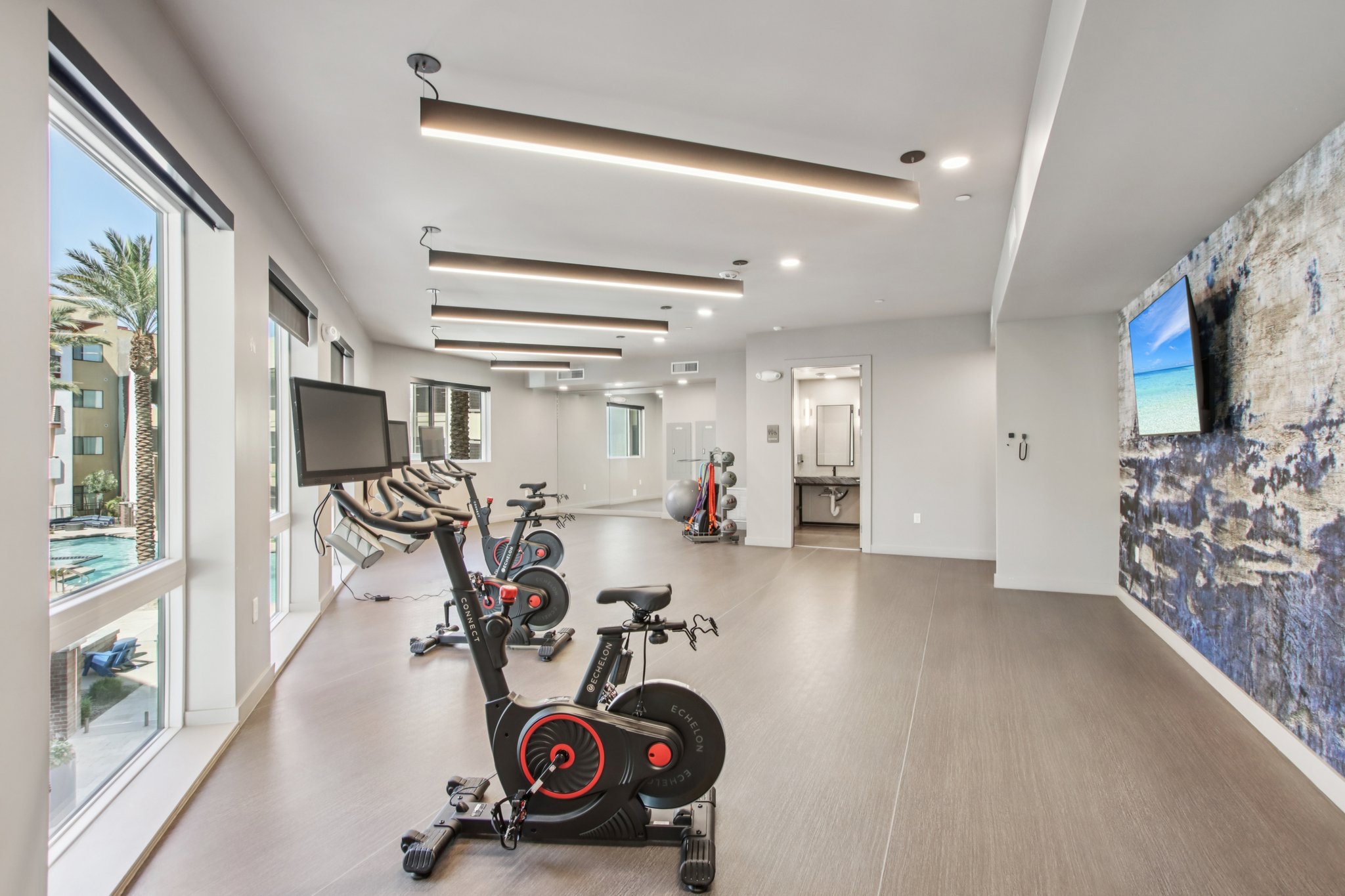 A modern fitness room featuring exercise bikes, a treadmill, and a large wall-mounted TV. Bright, well-lit space with large windows overlooking palm trees and a pool area. Sleek design with hardwood flooring and contemporary lighting.