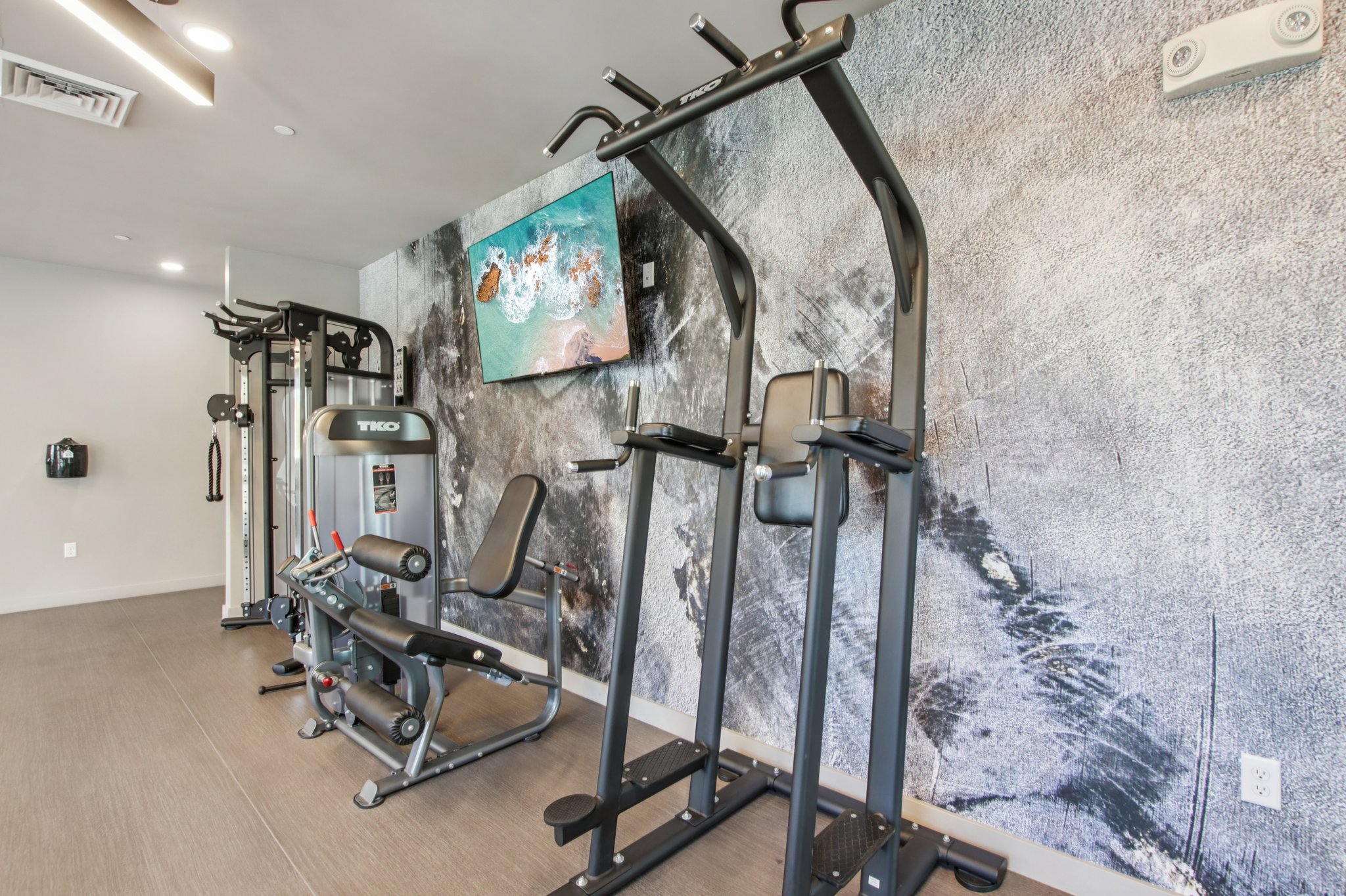 A modern gym interior featuring various exercise equipment, including a multi-station weight machine, a pull-up station, and a bench. A wall-mounted television displays a scenic image. The walls have a textured design, and the floor is covered in light-colored material.