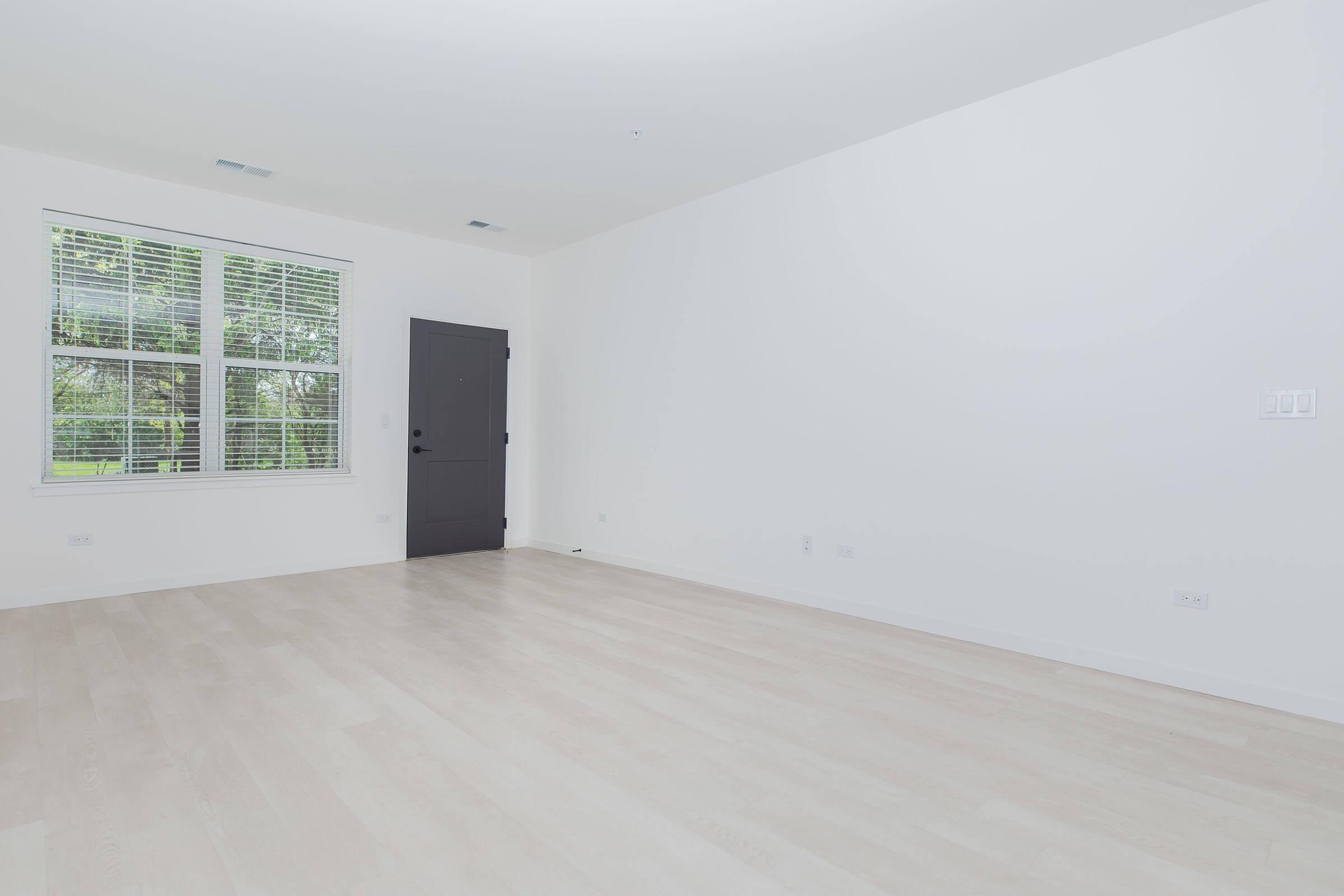 Empty room with light wood flooring, white walls, and a single dark door. A window with horizontal blinds allows natural light to enter, providing a view of greenery outside. The space is spacious and minimalistic, suited for various design possibilities.