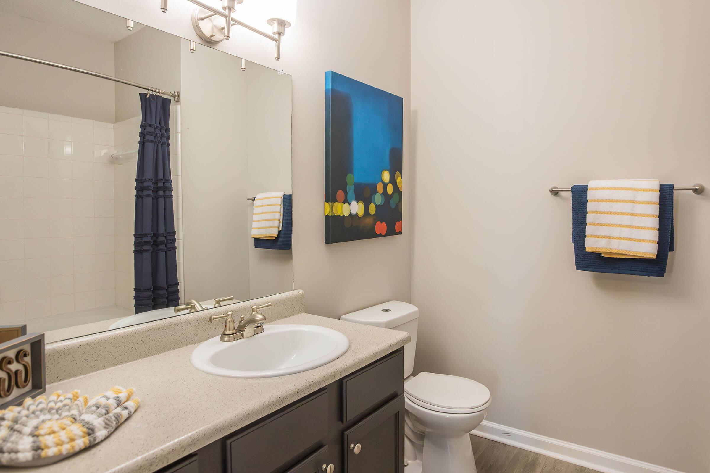 A modern bathroom featuring a single sink with a granite countertop, a mirror above the sink, and a white toilet. There is a colorful abstract painting on the wall, and two neatly folded towels on a rack. A striped bath mat is visible on the floor, adding a cozy touch to the space.