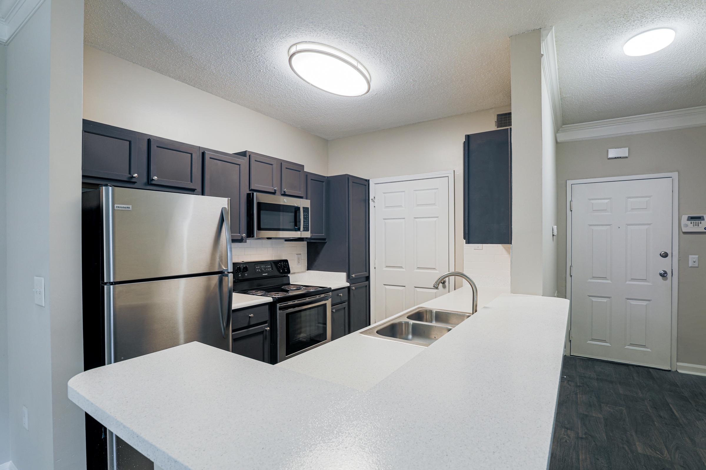 Modern kitchen with dark cabinets, stainless steel appliances, and a white countertop. Features include a refrigerator, oven, microwave, and sink. The space is well-lit with a large overhead light and has a door leading outside. The flooring is dark, creating a contrast with the light-colored walls.