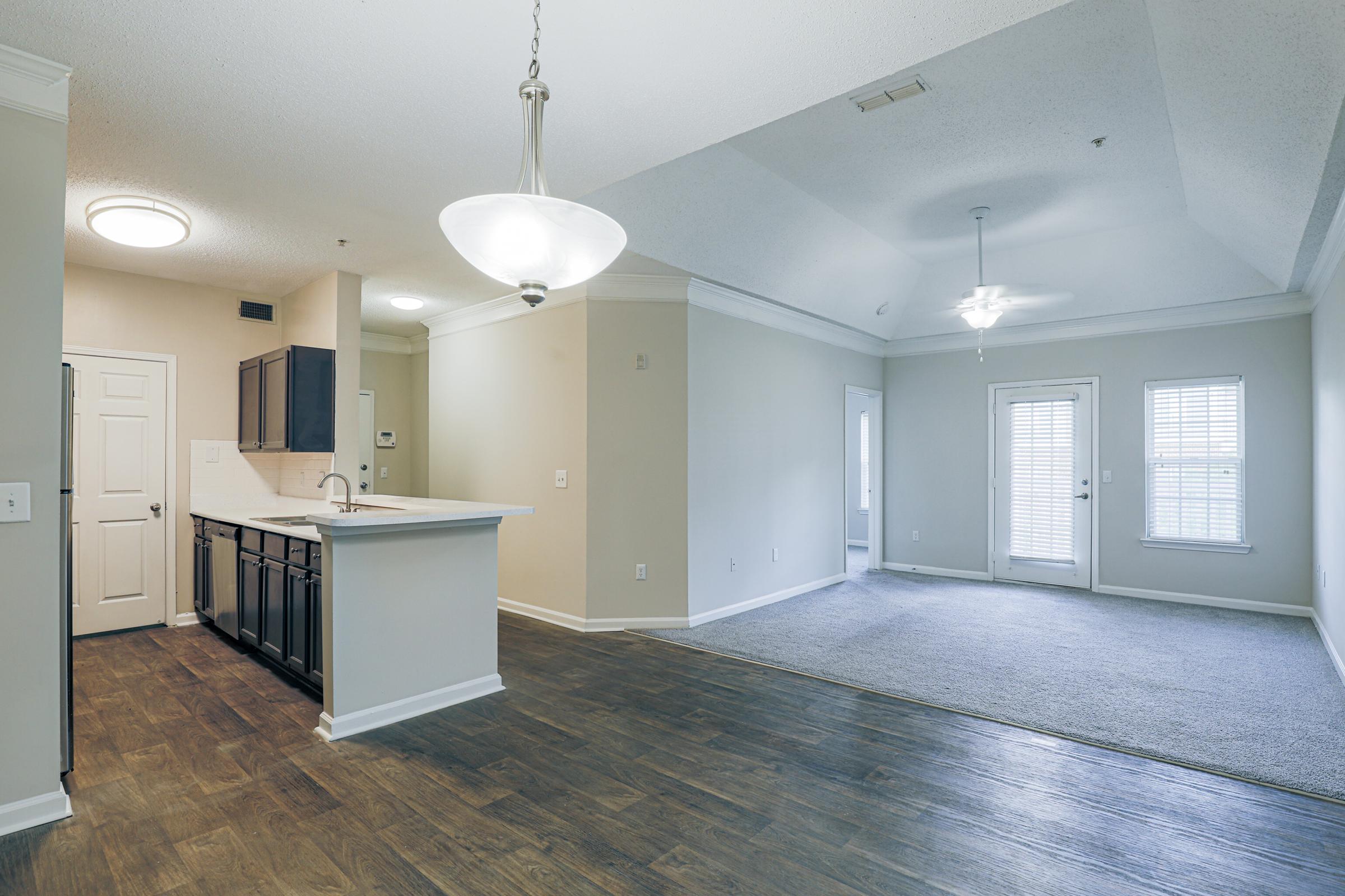 Bright and spacious apartment interior featuring a kitchen with dark cabinets and a countertop opening to a living area with a ceiling fan. Large windows allow natural light, and there's carpeted flooring in the living room. The layout is open and modern, with access to a patio area through sliding doors.