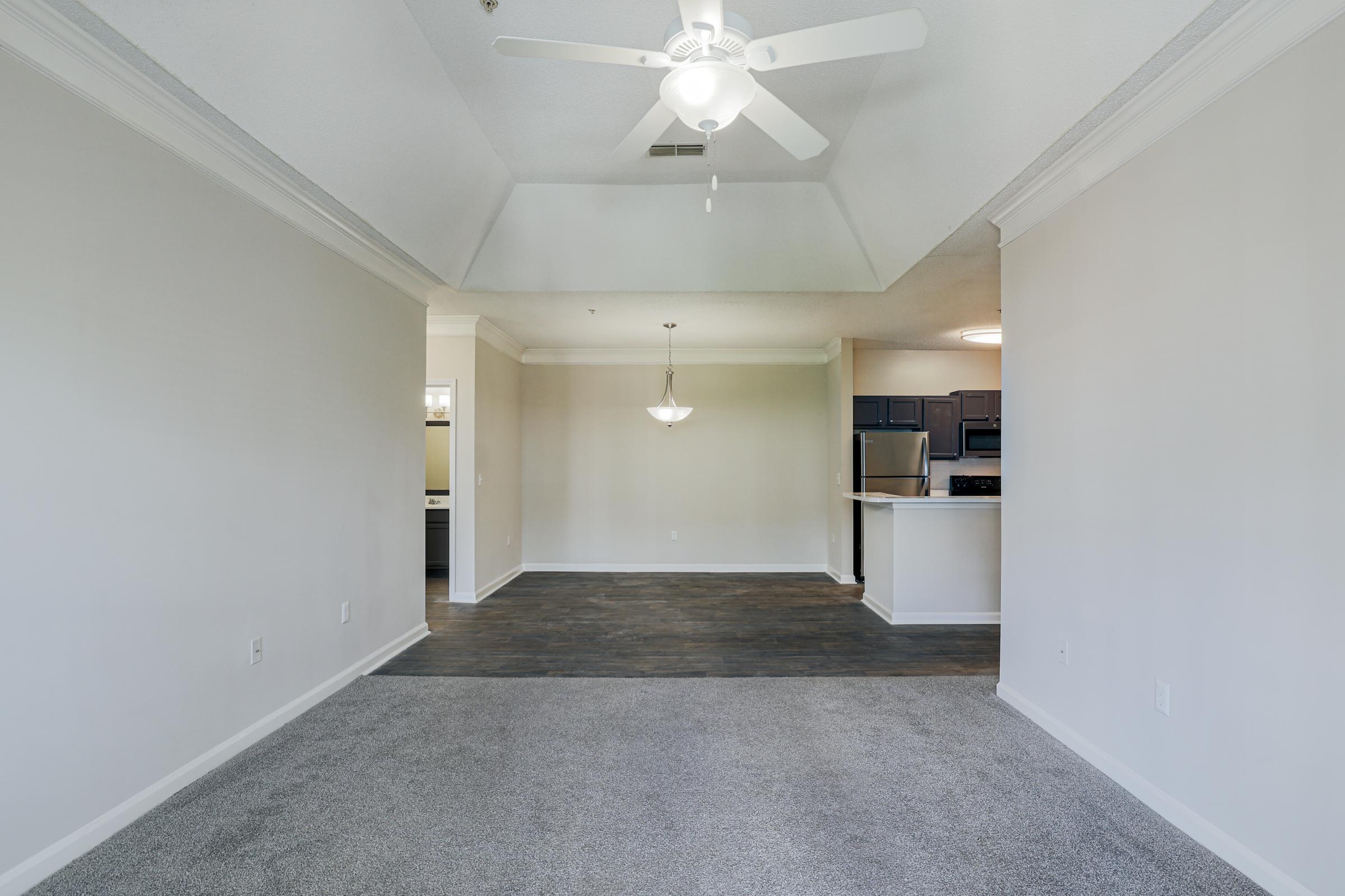 A spacious living area with light gray carpet, featuring a ceiling fan and tray ceiling. A dining area with a chandelier is visible, leading to a modern kitchen with dark cabinets and stainless steel appliances. The walls are painted a neutral color, enhancing the bright and open atmosphere.