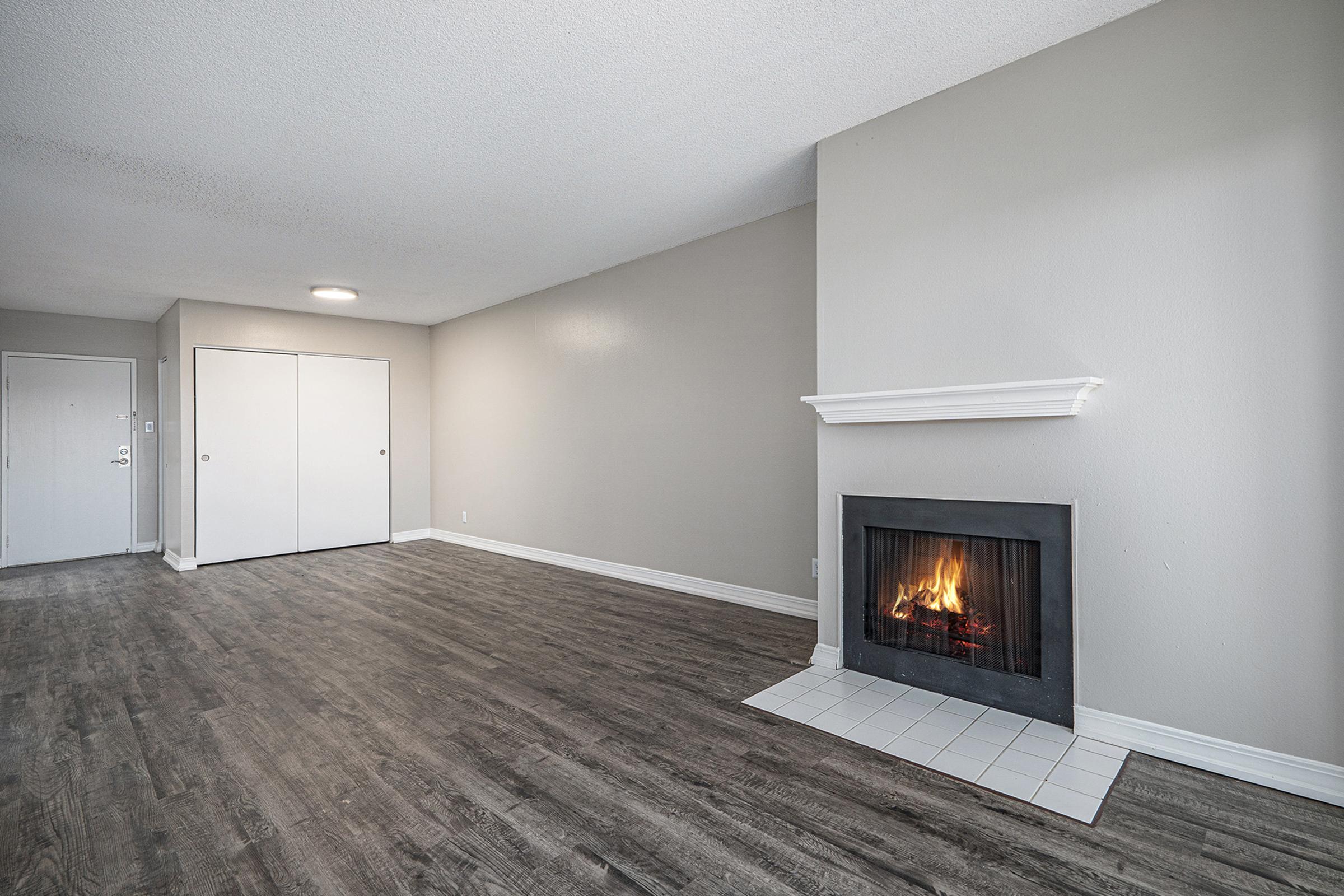 A spacious living room featuring wood-style flooring, a cozy fireplace with a white mantel, and light gray walls. There's a doorway visible in the background, along with two white closet doors. The overall atmosphere is bright and inviting, ideal for comfortable living.
