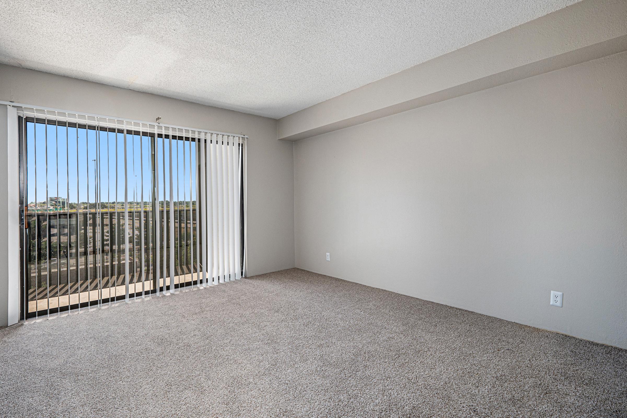 A vacant room with beige carpet and light gray walls. A large sliding glass door with vertical blinds opens to a balcony. Natural light streams in from outside, illuminating the spacious area, which is free of furniture. The room has a modern, simple design, ideal for personalization.