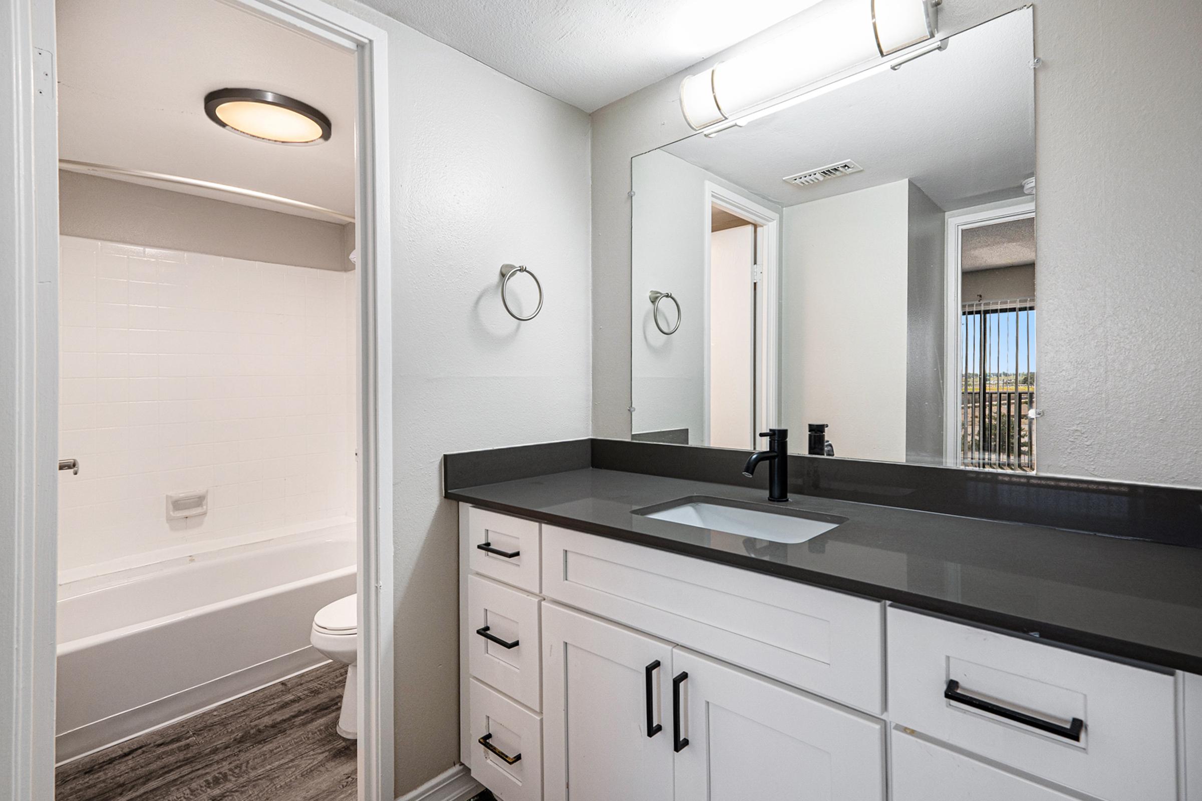 Modern bathroom featuring a black countertop with a rectangular sink, white cabinetry, and a large mirror. On one side, there is a bathtub with a shower fixture, while the opposite side has a door leading to another room. Natural light comes in from a window, enhancing the clean and spacious feel.