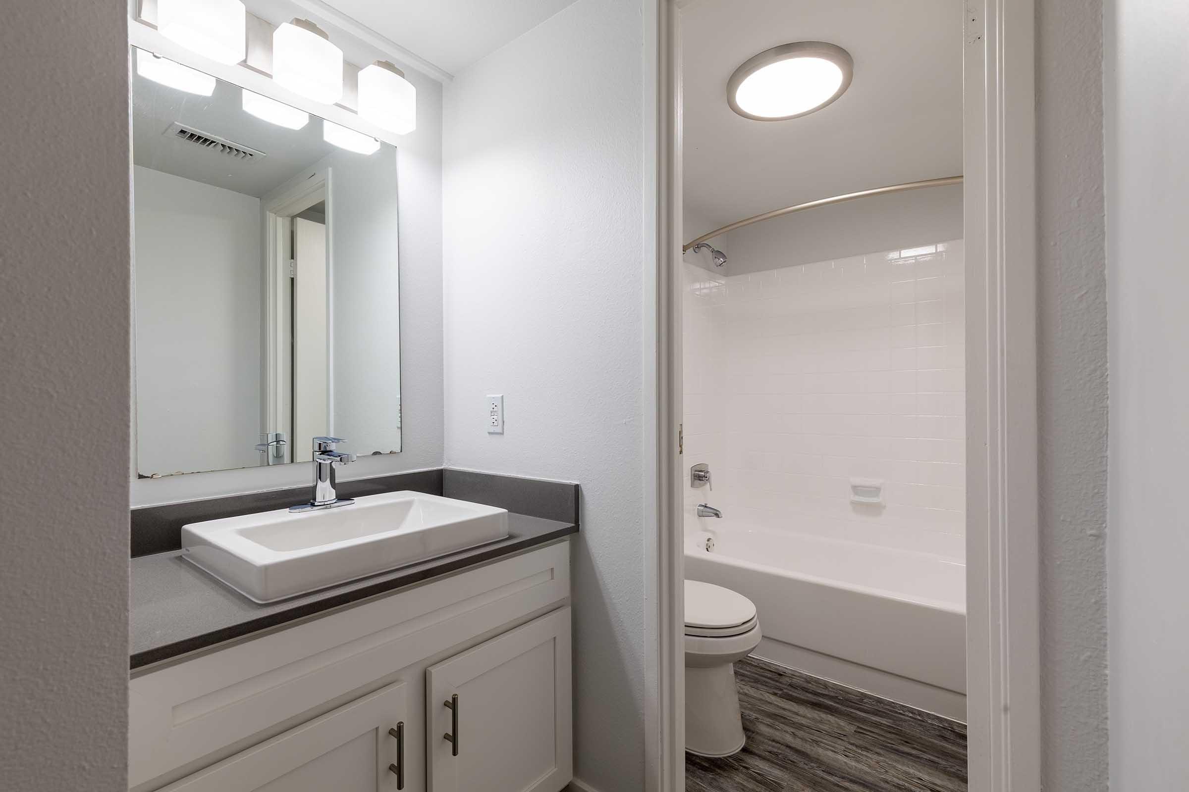 A modern bathroom featuring a white sink with a sleek faucet on a dark countertop, a rectangular mirror above, and a clean bathtub with a showerhead. The walls are light-colored, and the space is illuminated by overhead lighting, creating a bright and open atmosphere.
