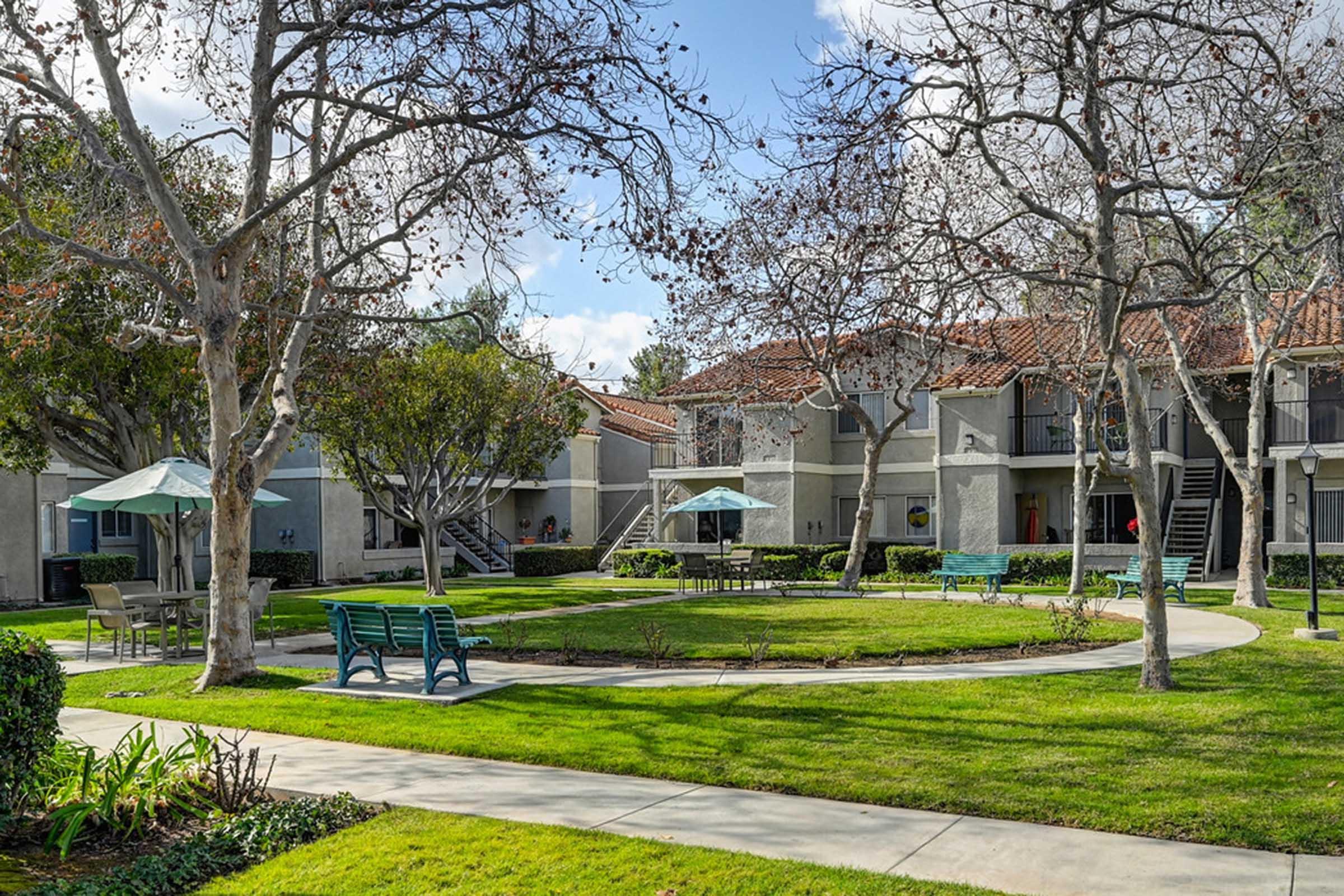 a courtyard in front of a building