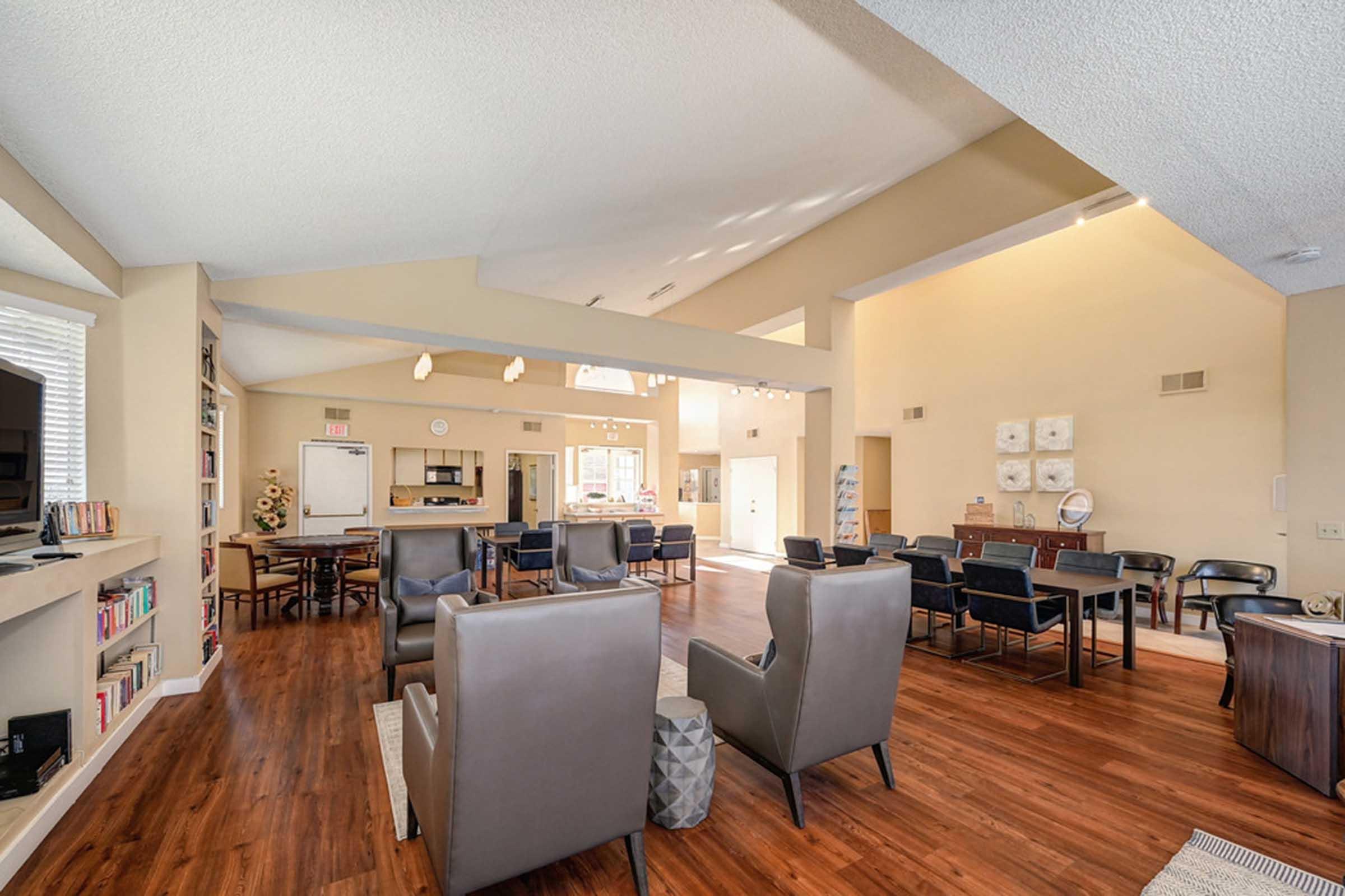 tables and chairs in a room