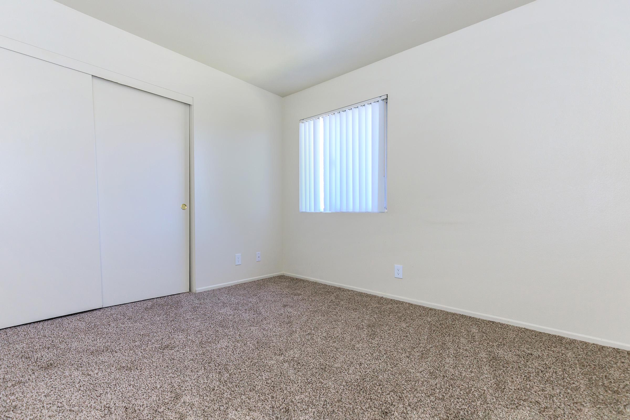 Vacant carpeted bedroom with closed sliding closet doors