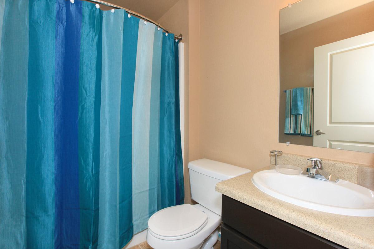 a white sink and shower curtain